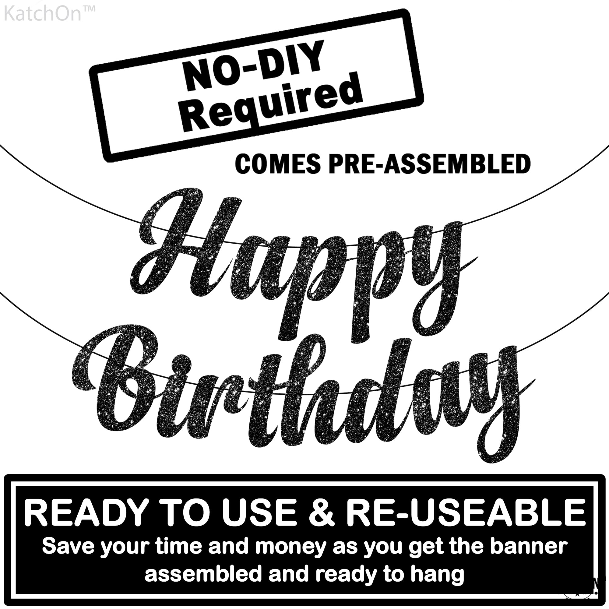 KatchOn Glitter Black Happy Birthday Banner - Pre-Strung 10ft Large Birthday Sign for Men | Gothic Birthday Party Decorations | Perfect for Adult Birthday Parties, Halloween Celebrations & Dark Theme Events