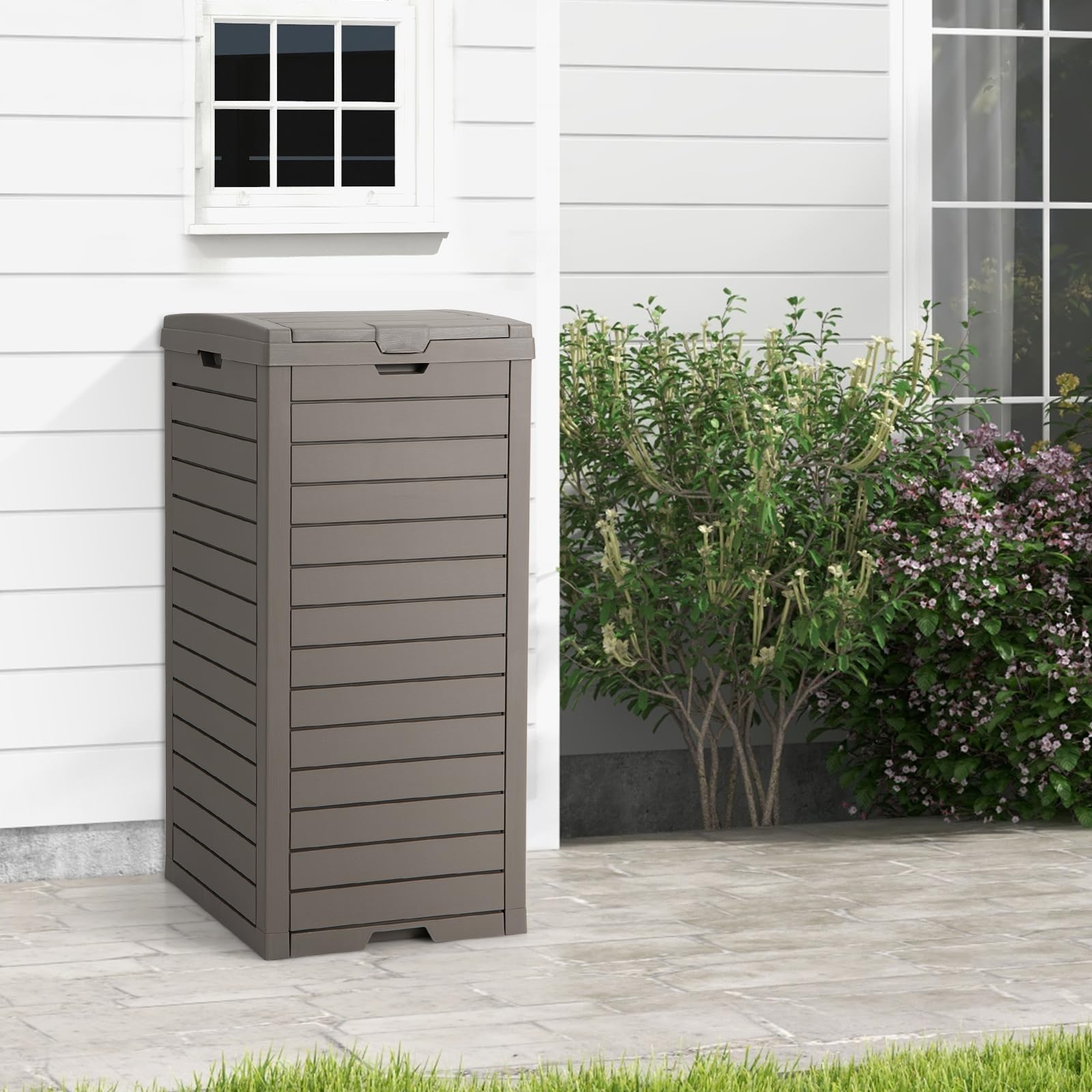 SAFSTAR 31 Gallon Outdoor Trash Can with Lid - Waterproof Large Resin Garbage Bin (16”x16”x34”) for 33-40 Gallon Trash Bags - Slidable Tray Design - Perfect for Patio, Backyard, Deck & Outdoor Spaces - Grey