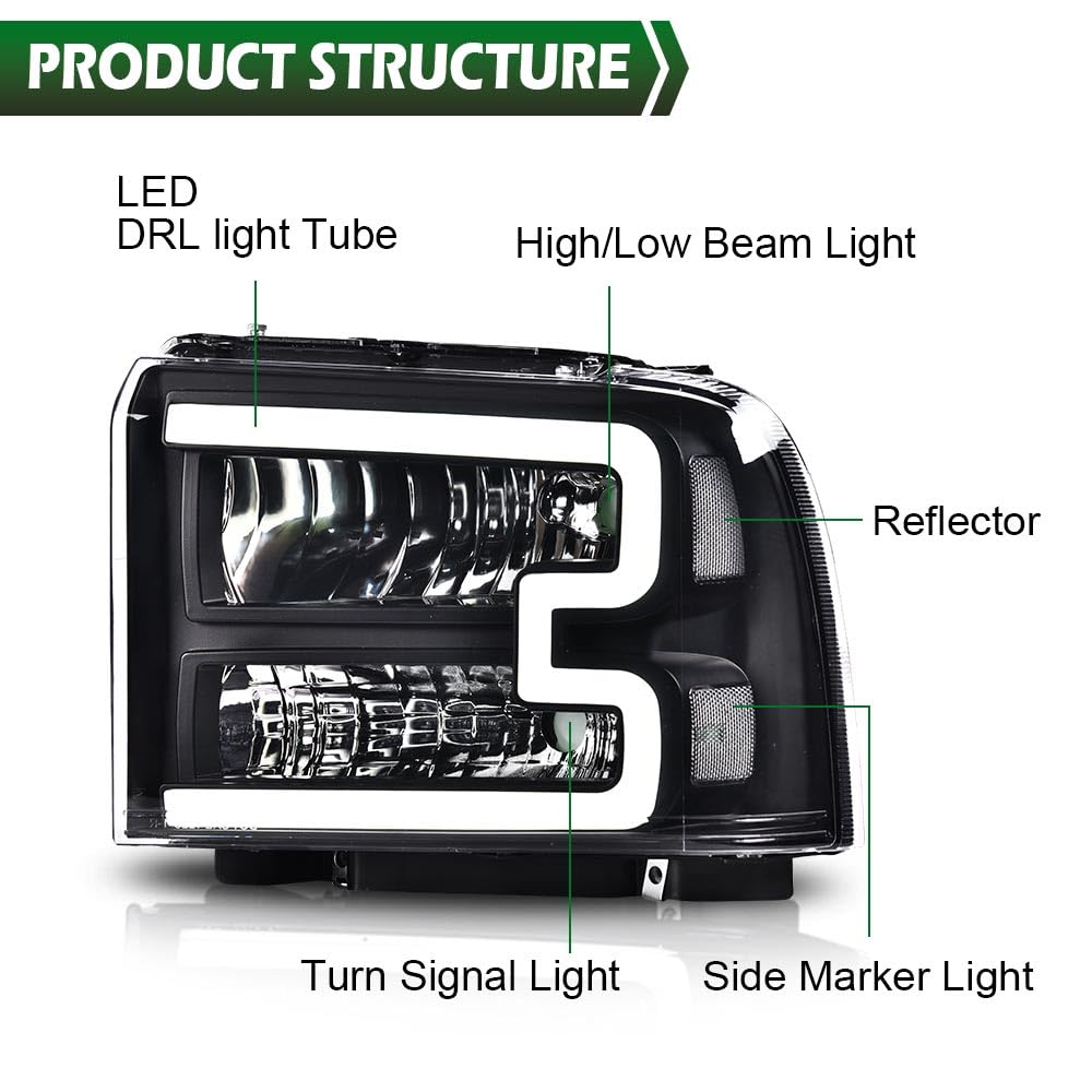 Ford F250 F350 LED DRL Bar Headlights - 2005-2007 Super Duty & Excursion - Chrome Housing for Off-Road & Night Driving