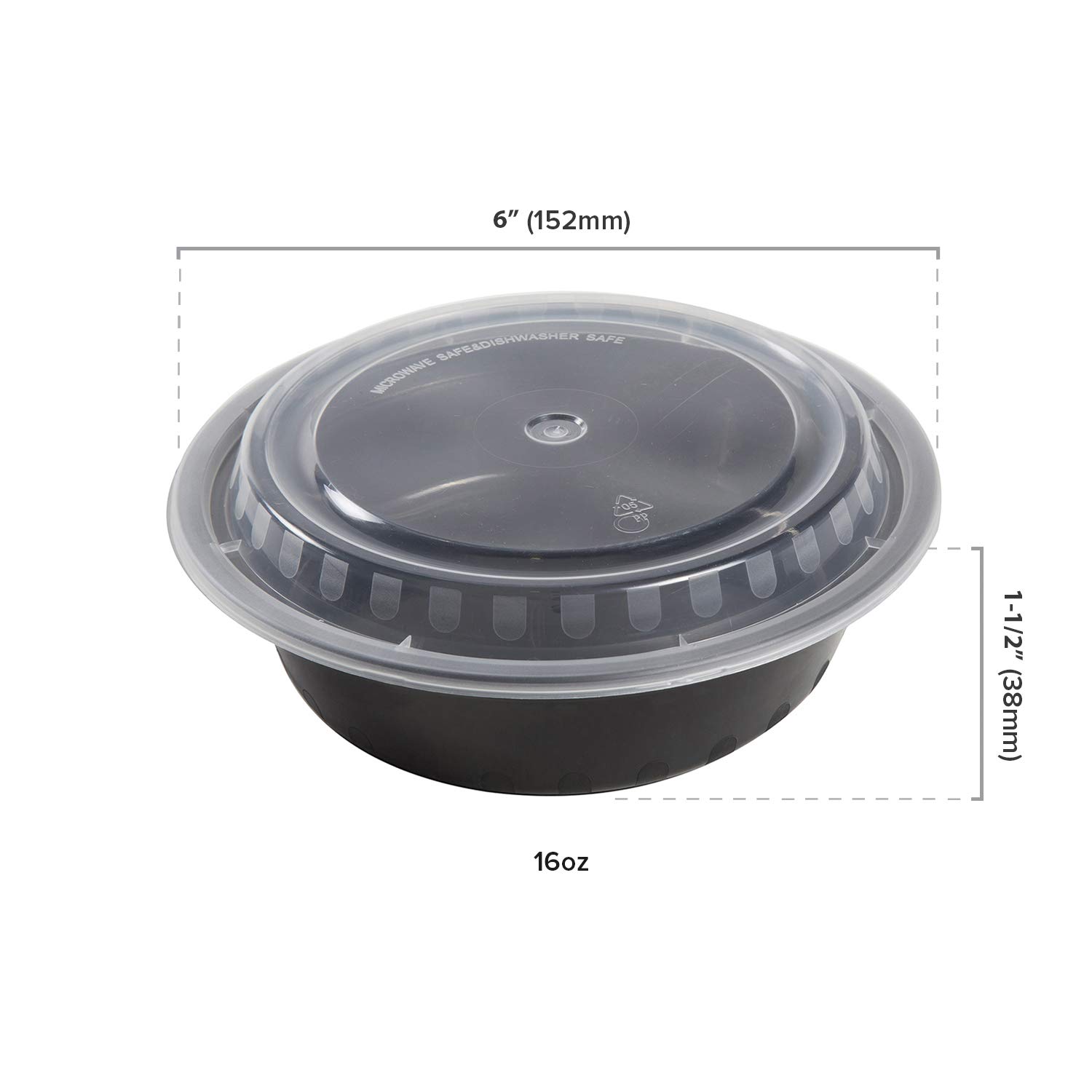 AmerCare 6 Inch Round Black Plastic Food Storage Containers with Lids - 16oz Microwave & Freezer Safe - Bulk Pack of 150 - Perfect for Meal Prep, Leftovers & Restaurant Takeout