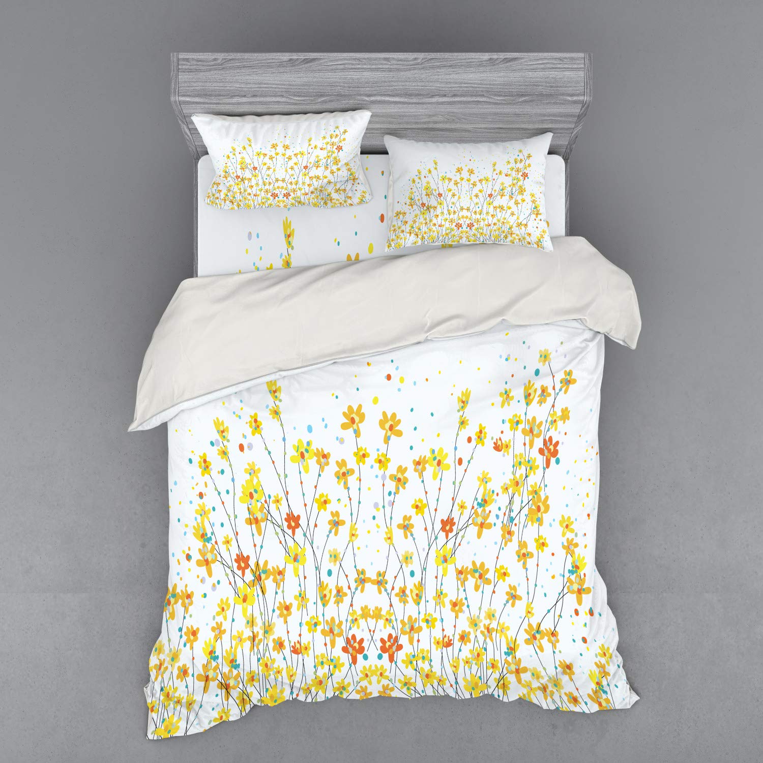 Ambesonne 4-Piece Daffodil Duvet Cover Set - Queen Size Yellow Orange Pale Blue Botanical Blooming Spring Field Design with Color Splatters | Perfect for Spring Bedroom Decor, Guest Room Refresh & Gardening Theme Home Styling