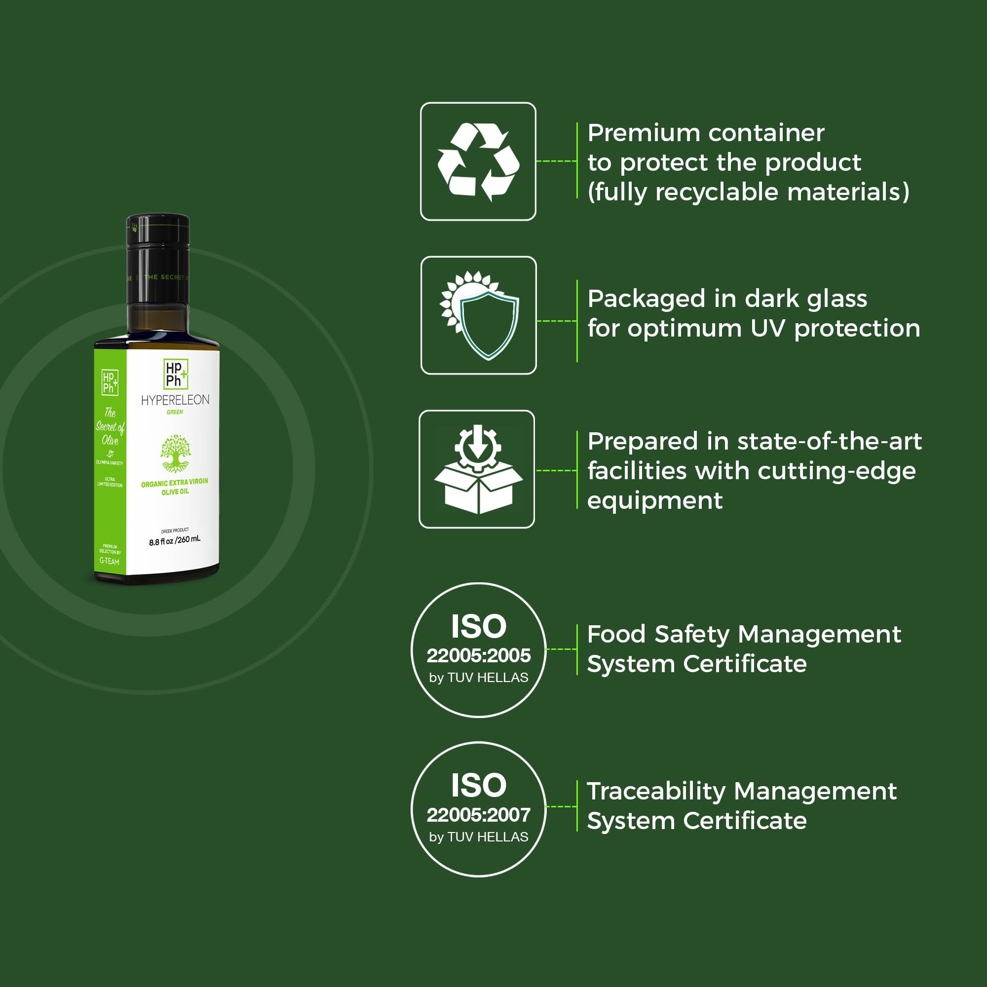 Premium Organic Greek Extra Virgin Olive Oil - 100% Pure, Unfiltered, High Phenolic - Award-Winning HYPERELEON GREEN (Pack of 3, 260ml) | Perfect for Salads, Cooking & Healthy Diets