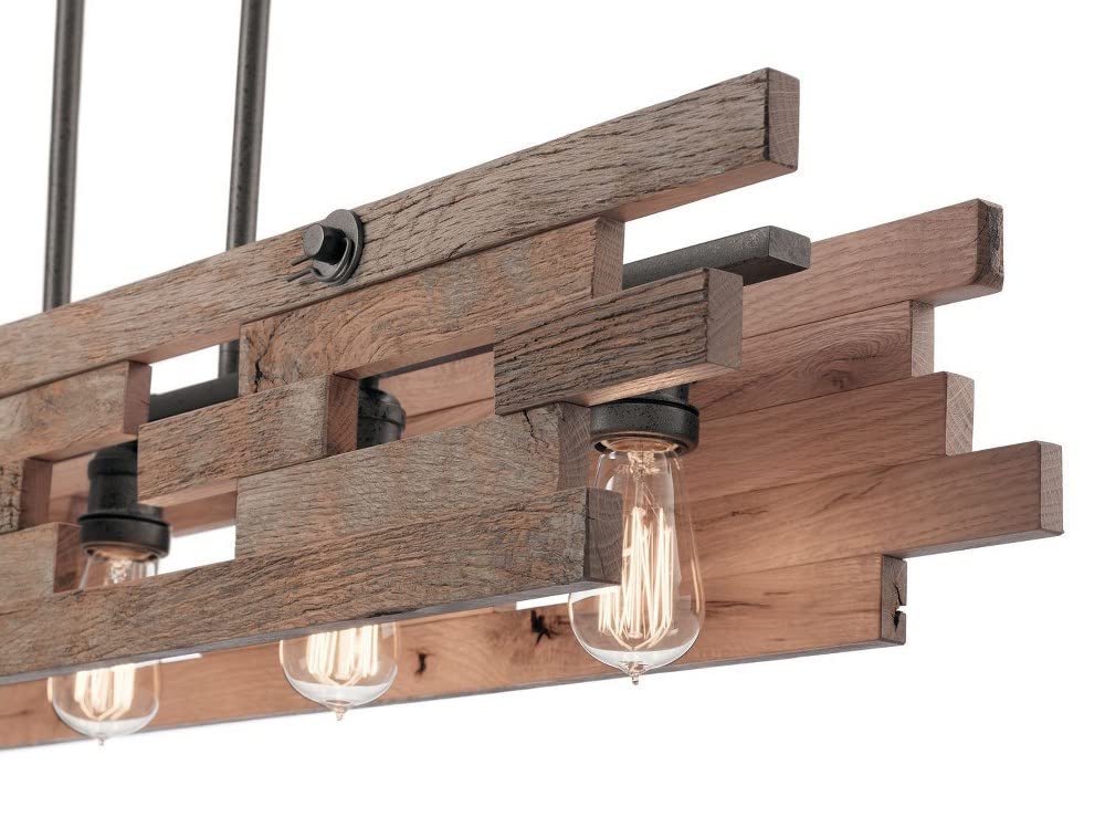 5-Light Rustic Reclaimed Wood Pendant Light Fixture with Anvil Iron Finish - Farmhouse Dining Room, Kitchen Island, Bar Lighting for Home Decor