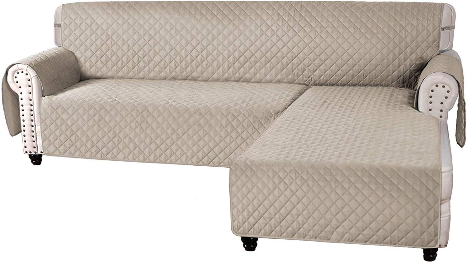 Reversible L-Shaped Sectional Sofa Cover Slipcover - Khaki X-Large | Furniture Protector for Chaise Lounge & Couch | Perfect for Living Room, Home Theater & Family Gatherings