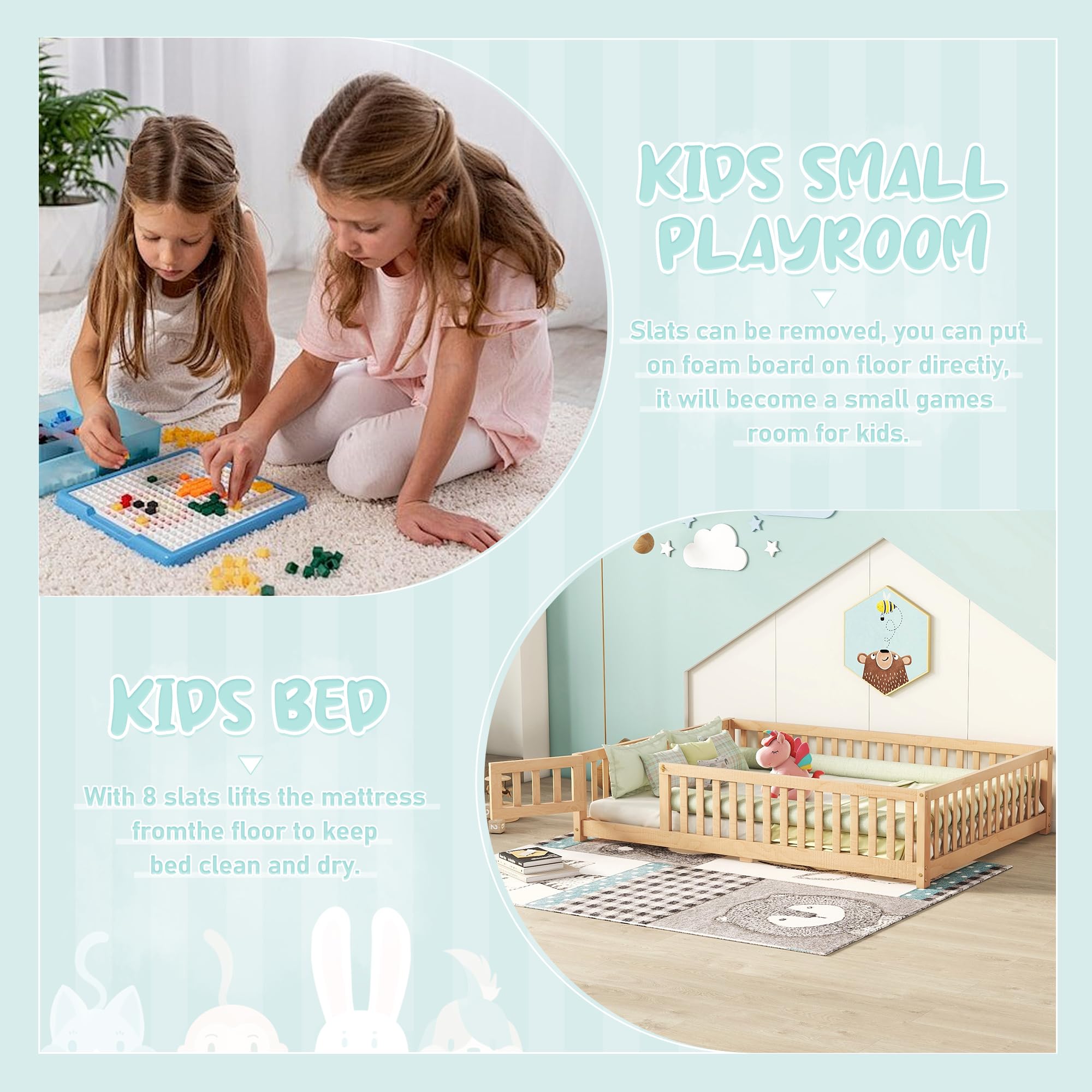 Montessori Full Size Floor Bed with Slats & Center Support Bar - Natural Wood Toddler Bed with Safety Fence & Door for Kids Room, Playroom or Nursery