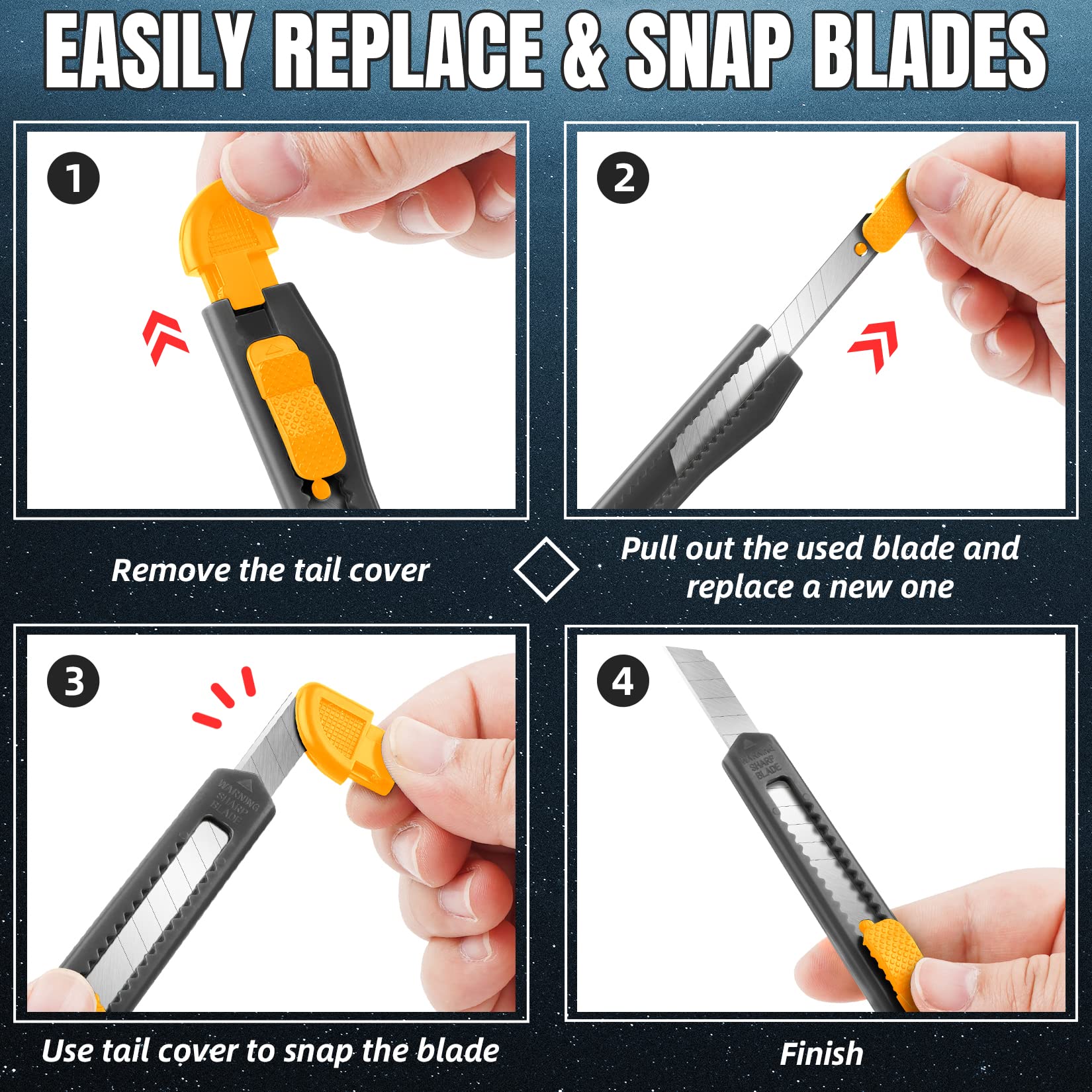 4 Pack Retractable Utility Knife with 9MM Snap-Off Blades - Heavy Duty Box Cutter for Cardboard, Wrapping, Packages - Exacto Knife for Office, Home, School, Warehouse & DIY Projects - Safe Razor Knife for Opening Boxes, Crafts & Shipping Supplies