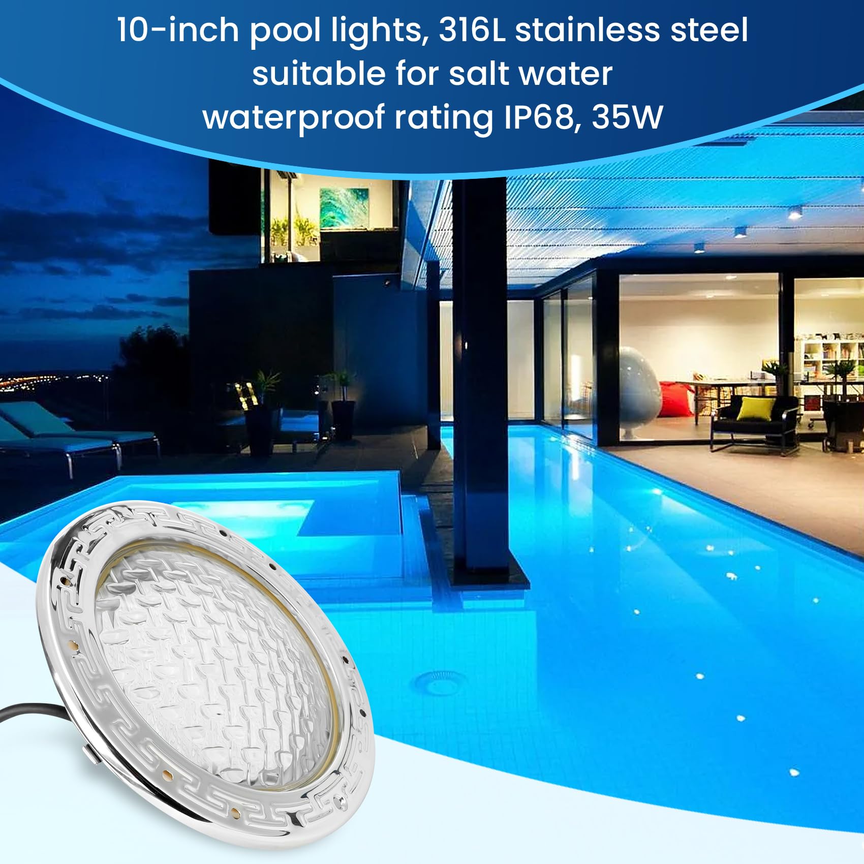 50FT 120V White Inground Pool Light - 10 Inch Underwater Swimming Pool & Spa Light Replacement for Crystal Clear Night Swimming | Perfect for Backyard, Resort & Commercial Pools