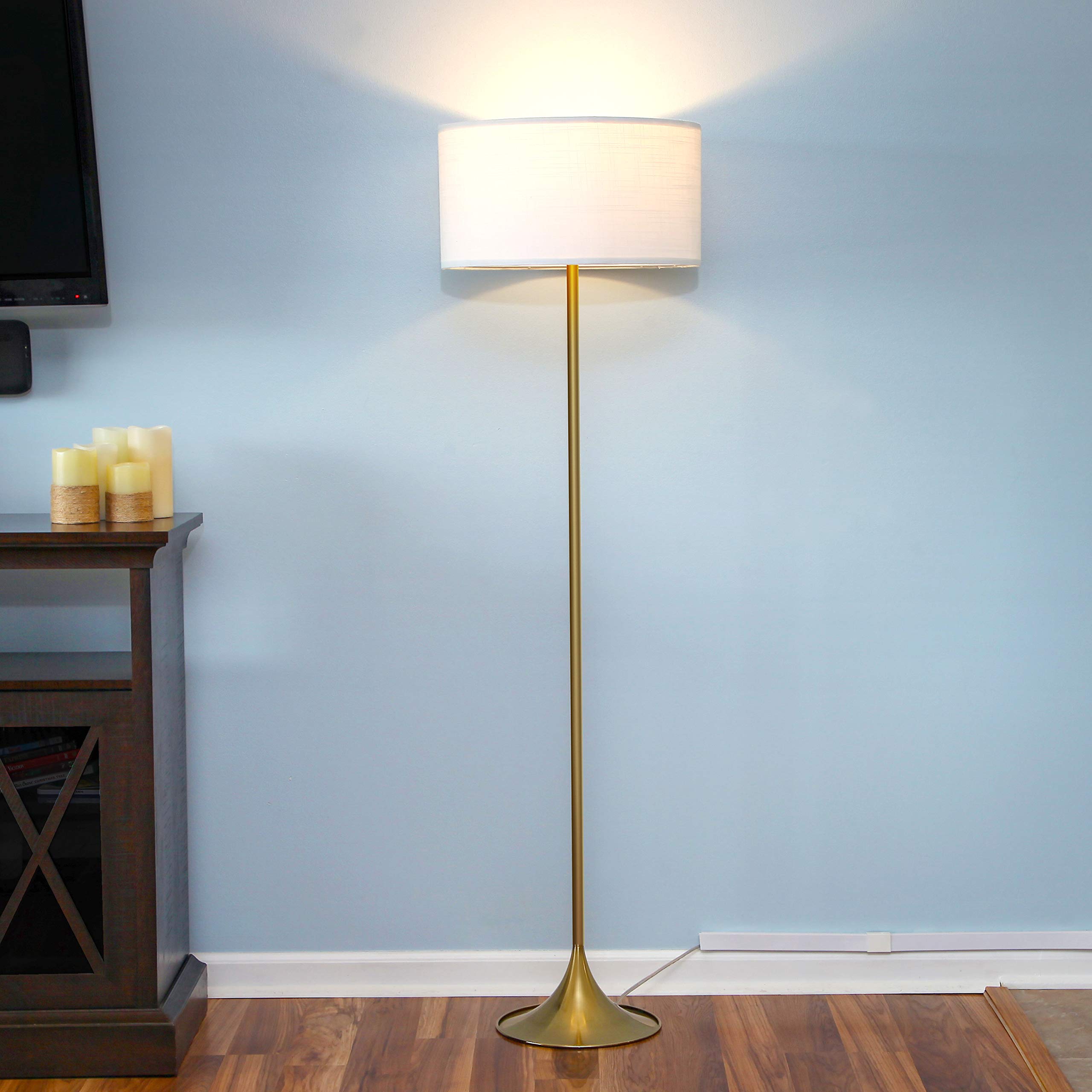 Brightech Quinn LED Floor Lamp - Modern Mid-Century Standing Lamp for Living Room, Bedroom & Office - Adjustable Tall Lamp with Heavy Base for Reading & Décor - Brass/Gold Finish - Perfect for Home Lighting & Workspace Illumination