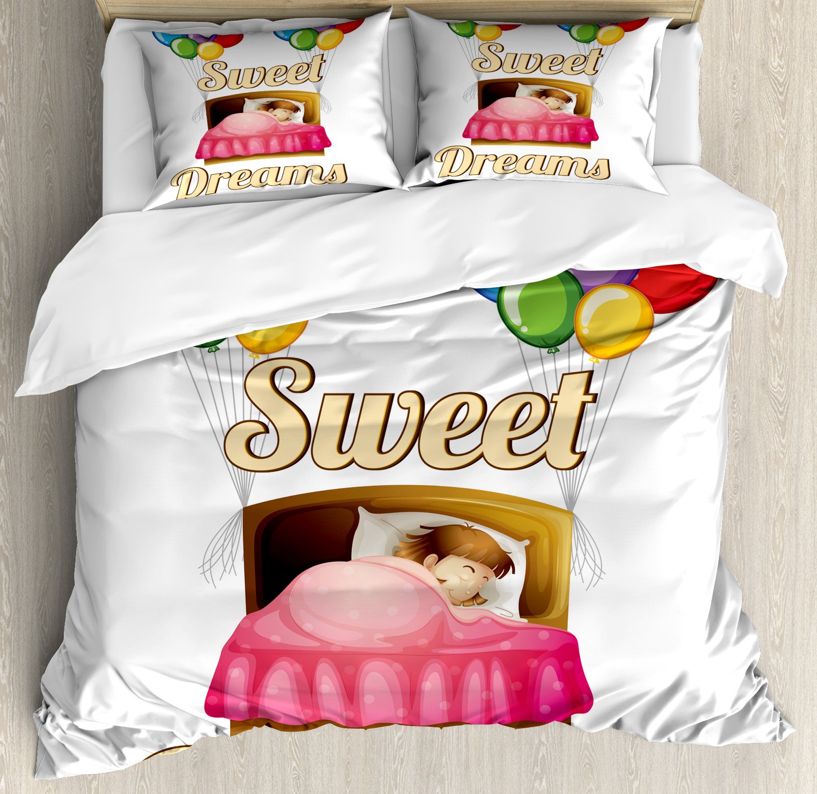 Ambesonne Cartoon Girl Sleeping with Balloons Duvet Cover Set - King Size 3-Piece Bedding with 2 Pillow Shams, Vibrant Nighttime Illustration - Perfect for Kids' Rooms, Teen Bedrooms & Whimsical Home Decor