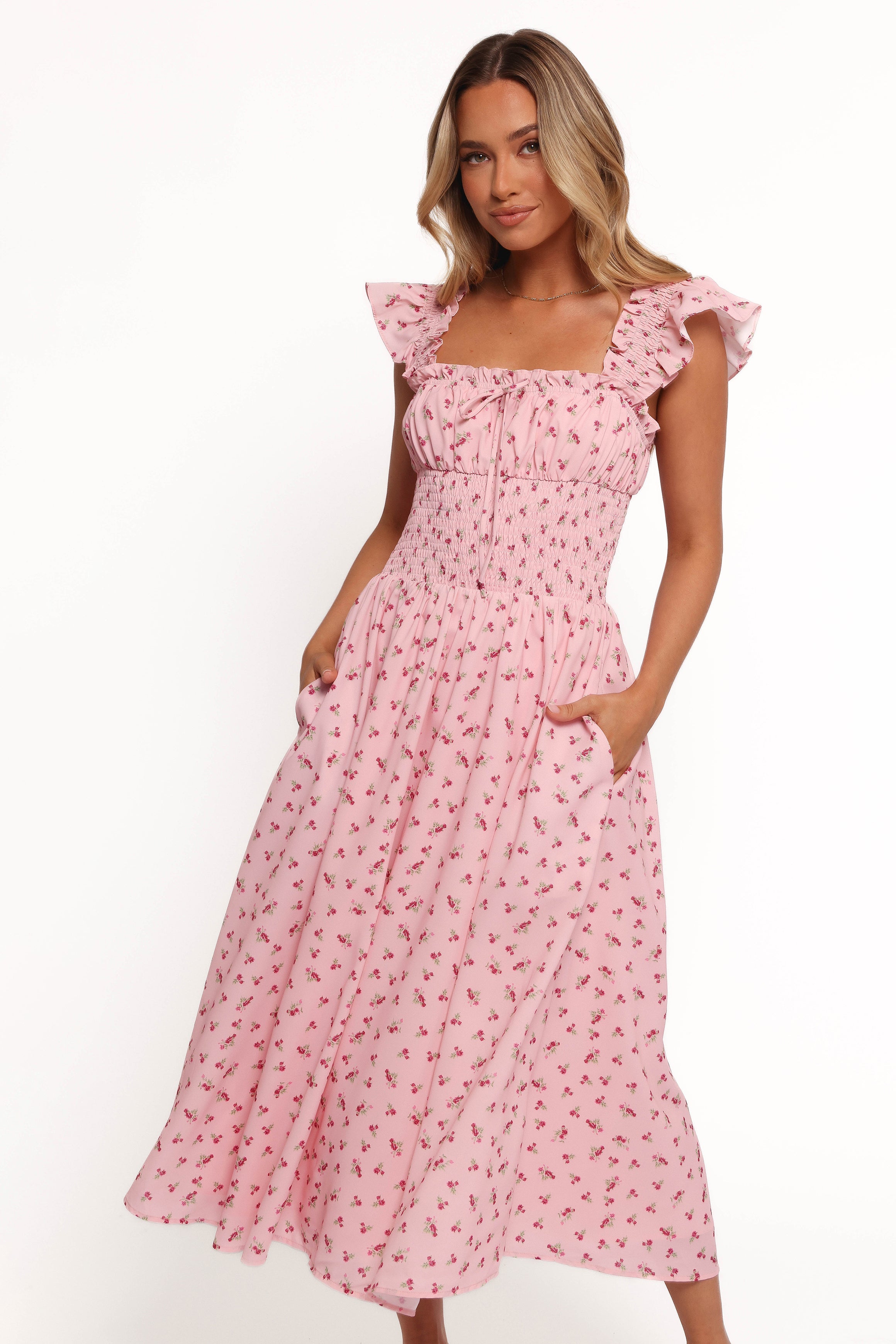 Bronte Midi Dress - Pink Floral Print Summer Dress for Women | Perfect for Beach Vacations, Garden Parties & Date Nights