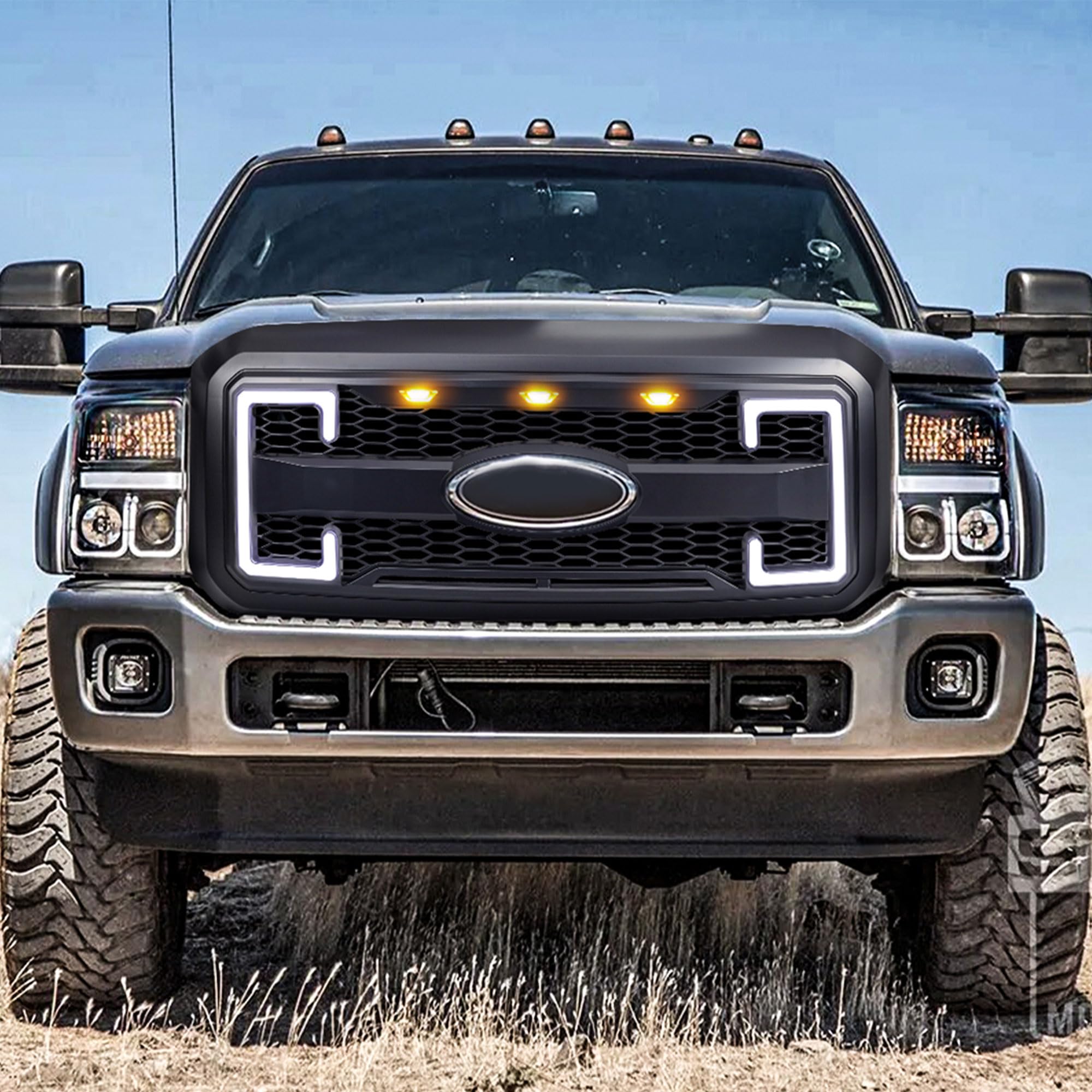 **2011-2016 Ford F250 F350 F450 F550 Matte Black Raptor Front Grille with DRL & Turn Signal Lights | Heavy-Duty Truck Upgrade | Off-Road & Street Style Enhancement**