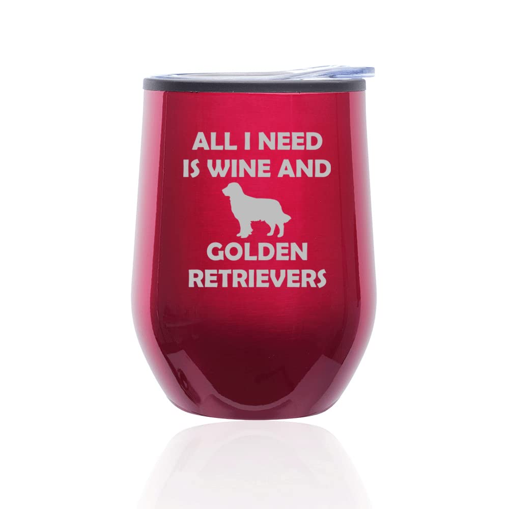 Stemless Wine Tumbler with Lid - Insulated Coffee Travel Mug Glass - Funny 'All I Need Is Wine And Golden Retrievers' Design (Fuchsia) - Perfect for Wine Lovers, Coffee Drinkers & Dog Owners at Home, Office or Travel