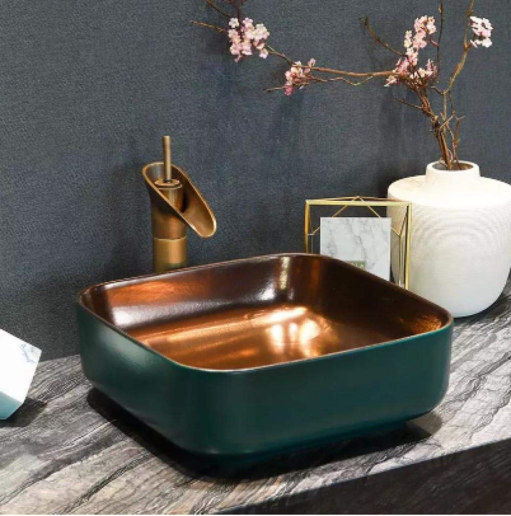 Handmade Ceramic Vessel Sink - Oval Bathroom Countertop Basin in Gold & Green - Modern Art Washbasin for Powder Rooms, Master Baths & Luxury Home Decor