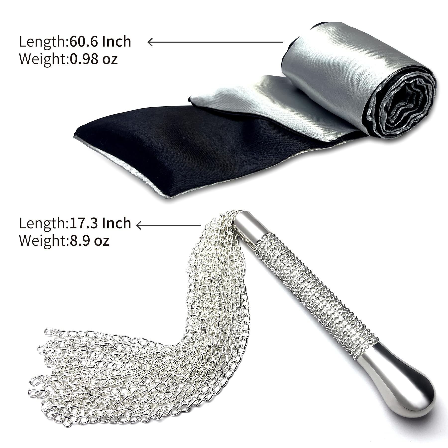 BDSM Metal Diamond Handle Chain Whip & Adjustable Satin Sex Mask Set - 3 Pcs Bondage Gear for Couples Role Play, Spanking, Sensory Play & Kinky Fantasy Fetish Accessories