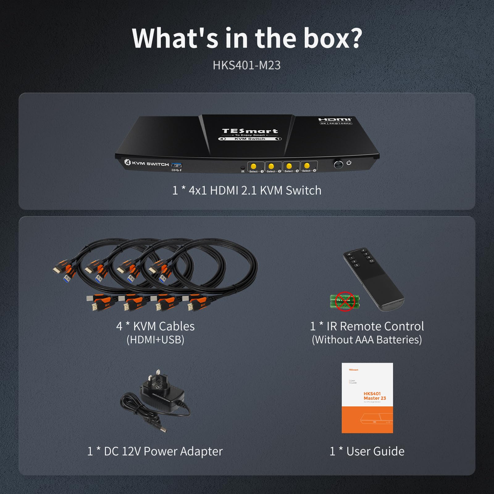 TESmart 8K@60Hz 4-Port HDMI KVM Switch for 1 Monitor & 4 Computers - USB 3.0 Hub with Audio/Microphone Support, EDID Emulator, Hotkey & Remote Control - Perfect for Home Office, Gaming & Multi-Device Workstations