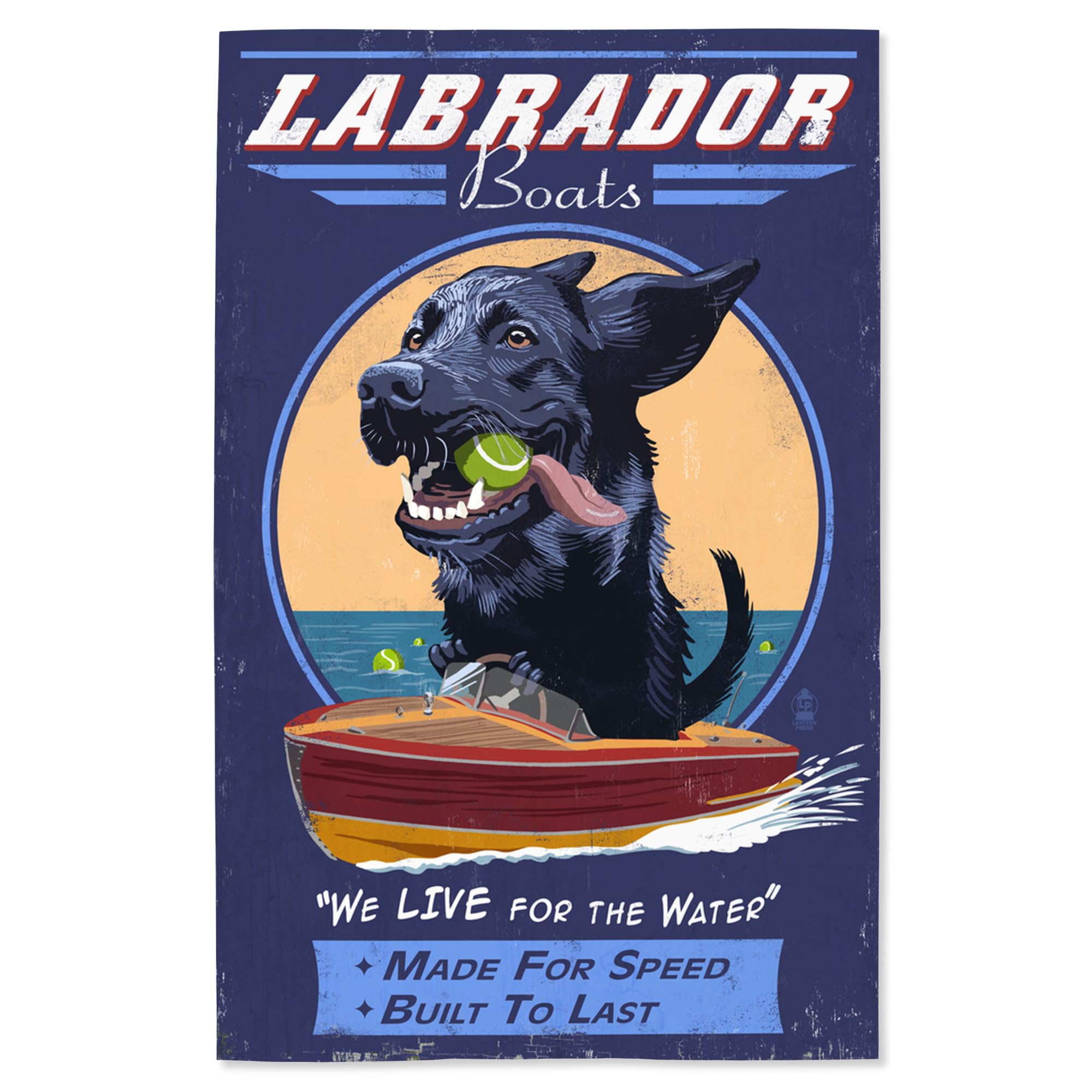 Lantern Press 16x24 Inch Giclee Print - Black Labrador & Retro Boats Wall Art - Premium Canvas Home Decor for Living Room, Bedroom, Office