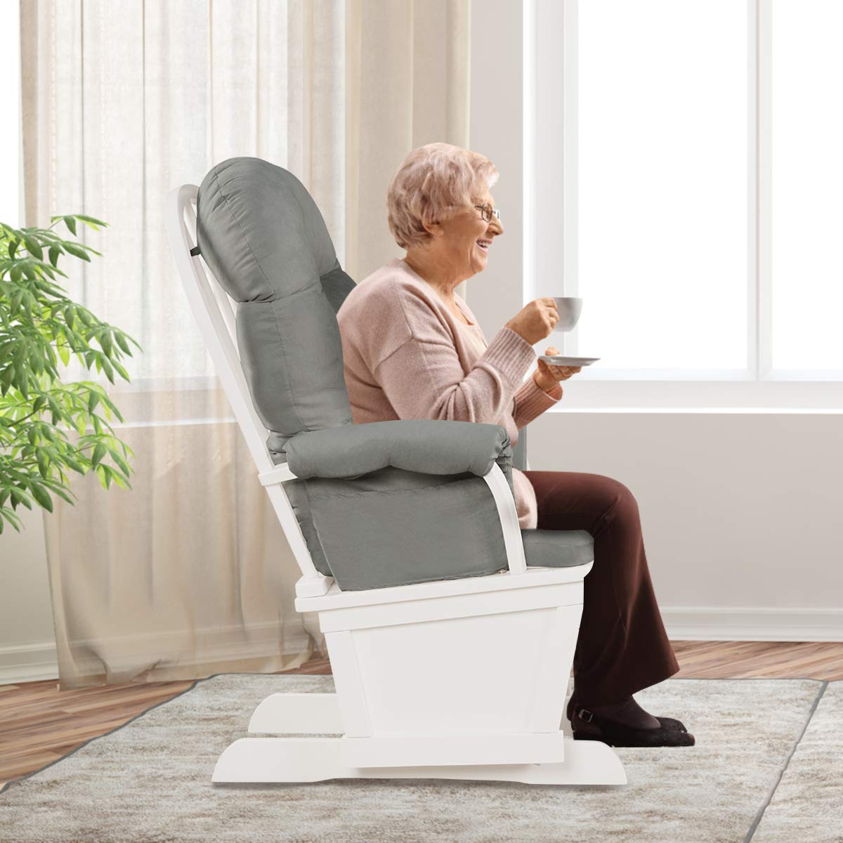 Costzon Baby Glider and Ottoman Set - Light Grey Upholstered Nursery Chair with Padded Armrests & Detachable Cushion | Wooden Rocking Chair for Nursing, Napping & Reading | Perfect for Nursery, Bedroom or Living Room