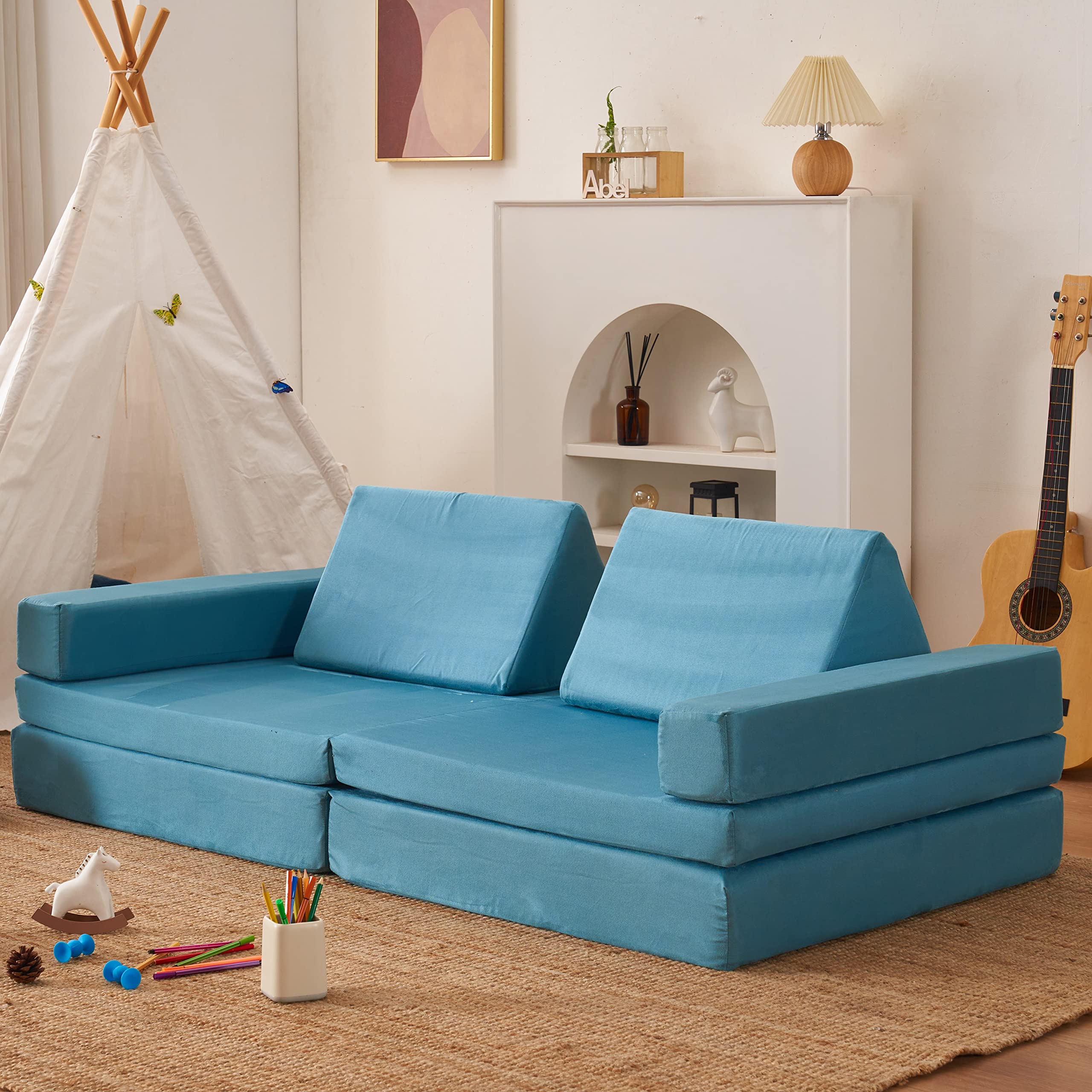 Jela Kids Couch Extended Size 8PCS Modular Play Sofa for Family - Light Blue Foam Furniture for Kids & Adults, 66