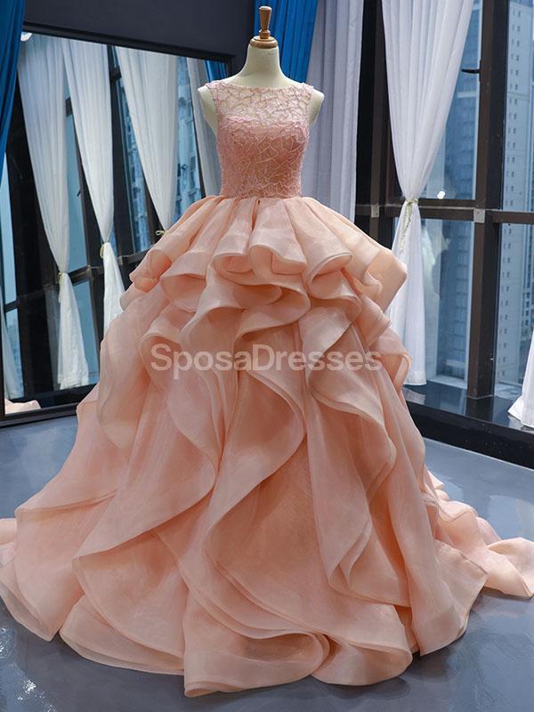 Elegant Peach Lace Beaded Ruffle Ball Gown - Formal Evening Prom Dress for Women | Perfect for Homecoming, Quinceañera & Special Occasions