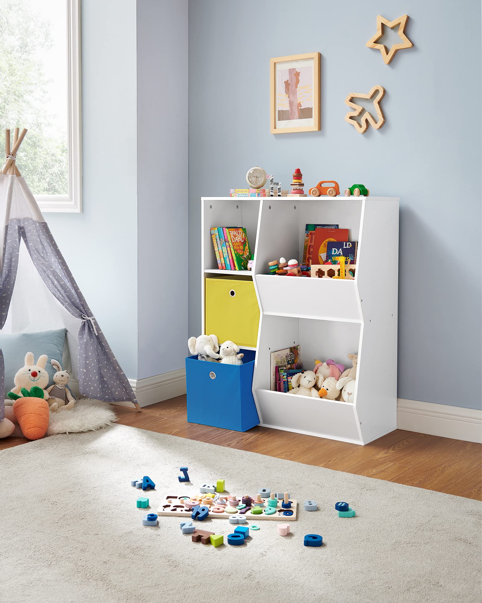 SONGMICS 3-Tier Kids Toy Storage Organizer with Fabric Bins & Adjustable Shelves - White Toy Shelf Organizer for Playroom, Nursery, Bedroom - Perfect for Organizing Toys, Books & Kids Room Decor