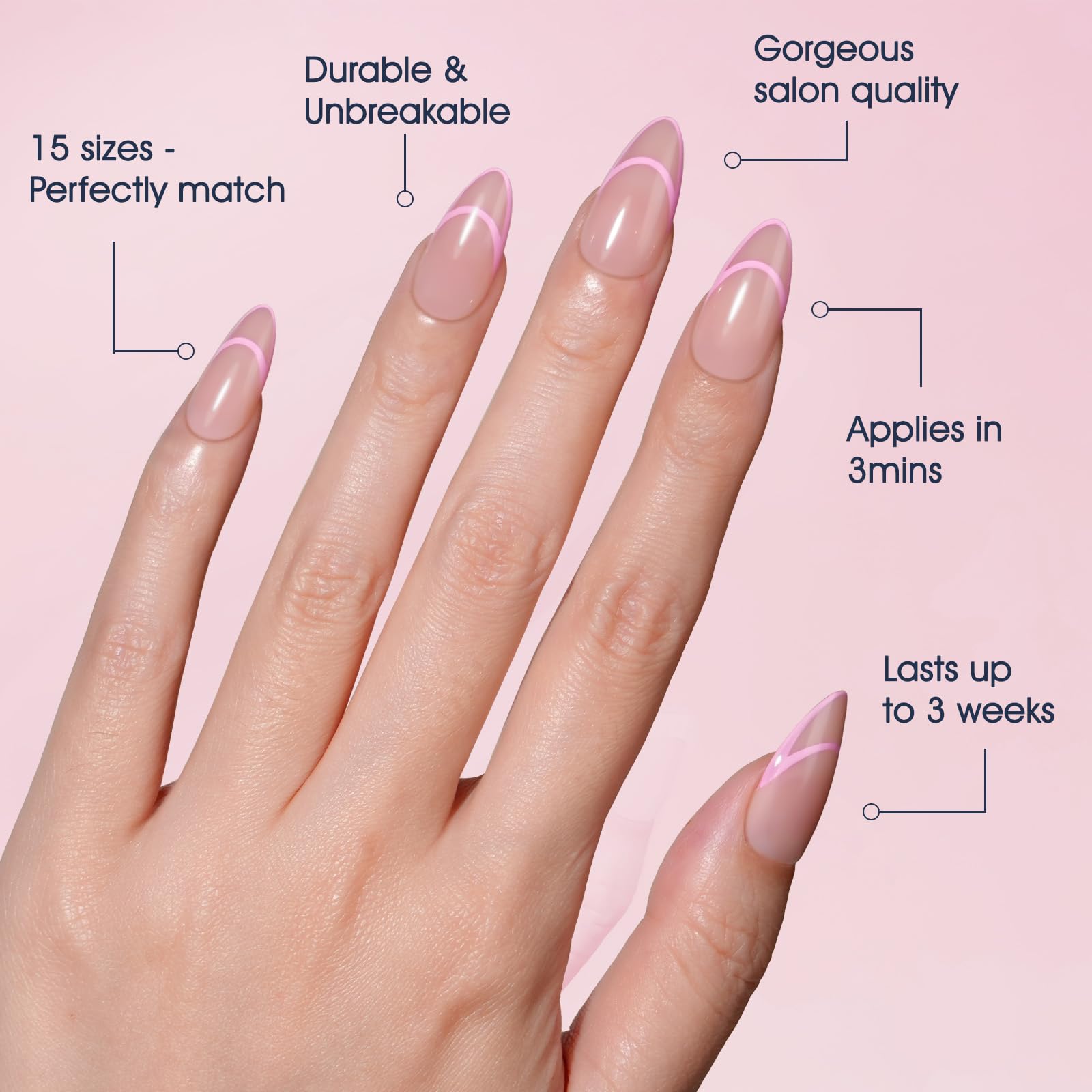 Trendy Light Pink French Press On Nails - Medium Almond Fake Nails with Natural Nude Pink Line | Reusable Stick On Nails Kit (15 Sizes, 30 Nails) | Perfect for Daily Wear, Parties & Special Occasions