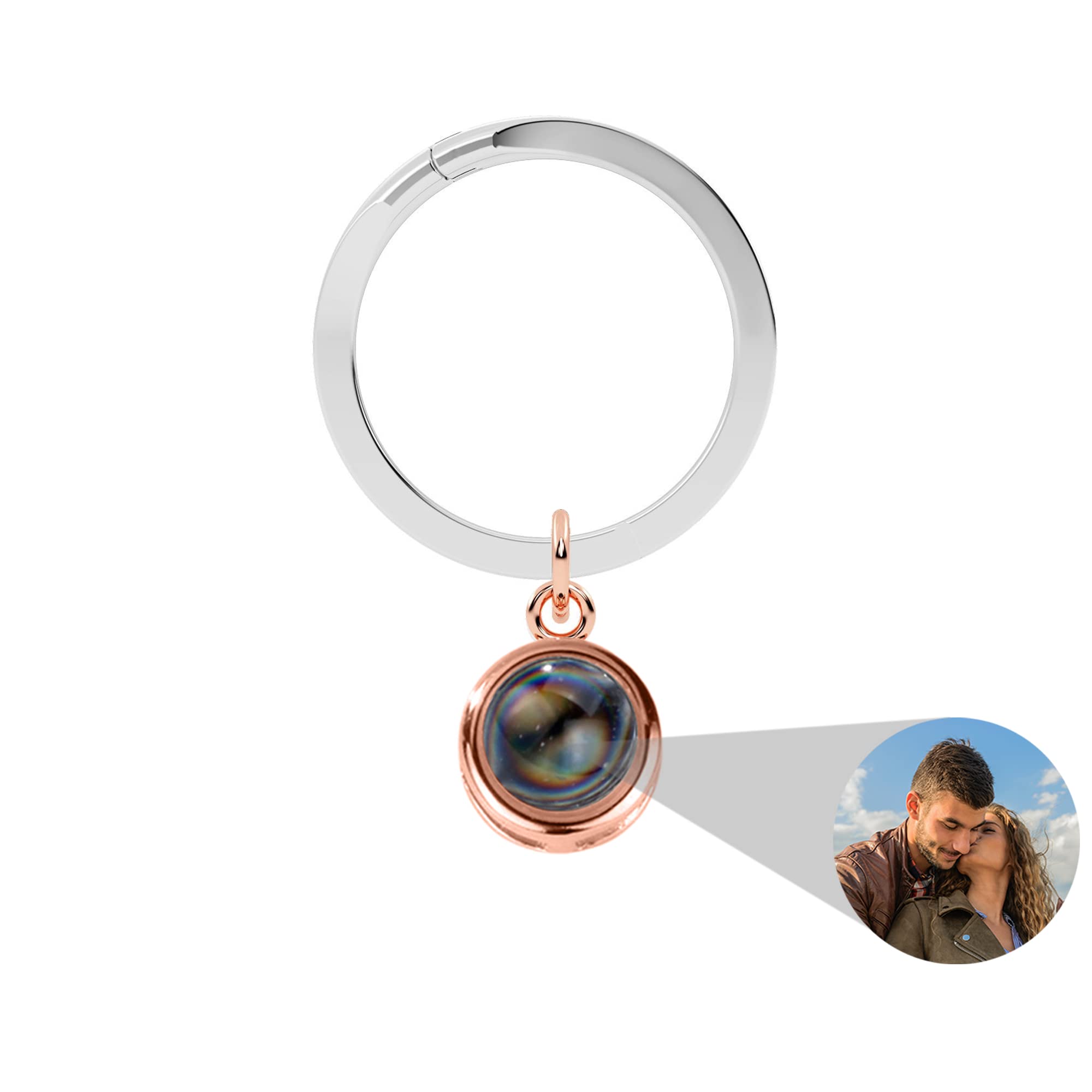 Custom Engraved 925 Sterling Silver Photo Keychain - Personalized Round Projection Pendant Gift for Men & Women - Perfect for Anniversaries, Birthdays & Keepsakes