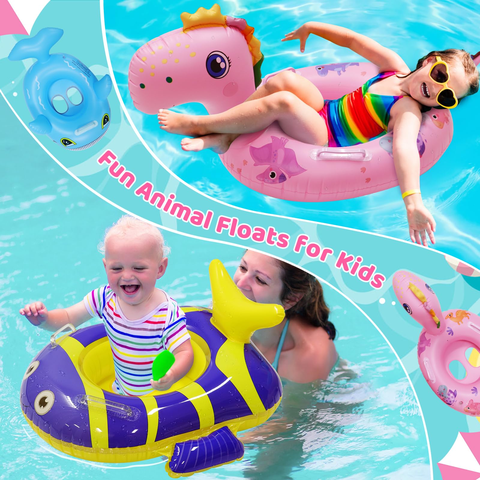 3 Pcs Inflatable Pool Floats for Kids & Toddlers - Animal Swim Tube Rings with Handle, Fun Water Toys for Boys Girls, Summer Beach Party Supplies, Perfect for Backyard Pools & Vacation