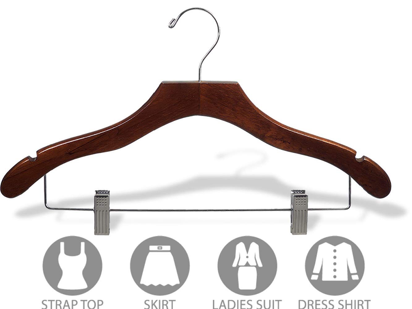 100-Pack Space Saving 17 Inch Wavy Wood Combo Hangers with Adjustable Cushion Clips - Walnut Finish & Chrome Hook - Perfect for Shirts, Jackets, Dresses - Ideal for Closet Organization & Retail Display by The Great American Hanger Company