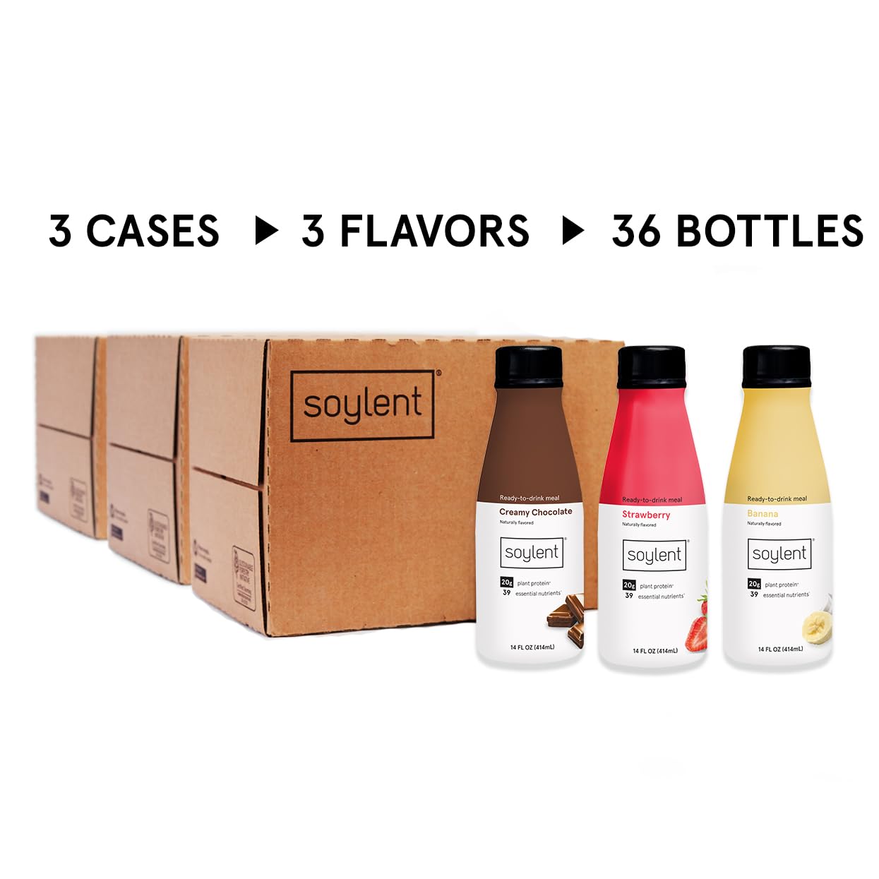 Soylent Meal Replacement Shake Banana Split Bundle - Creamy Chocolate, Banana & Strawberry Flavors, 14oz (36 Bottles) | High Protein Vegan Shakes for Weight Loss, Busy Professionals & On-the-Go Nutrition