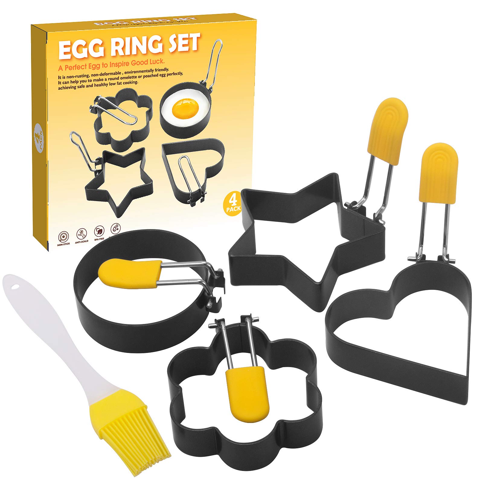 4 Pack Egg Rings - Non-Stick Stainless Steel Egg Molds for Perfect Round Fried Eggs - Ideal for Breakfast Sandwiches, Burgers & Pancake Toppings