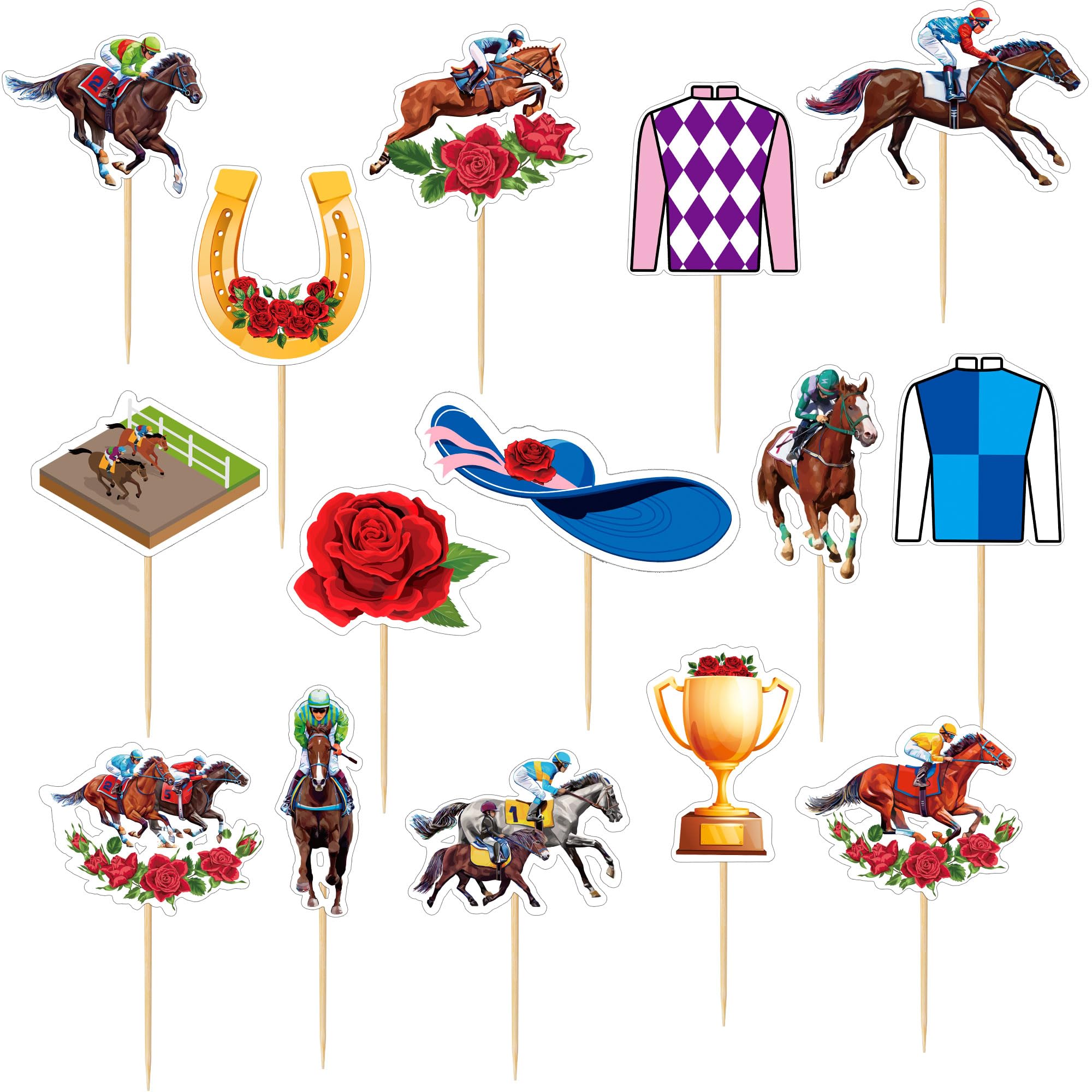Kentucky Derby Cupcake Toppers - 30 PCS Horse Racing Party Decorations, Derby Day Cake Toppers with Toothpicks, Run for the Roses Themed Party Supplies - Perfect for Derby Parties, Birthday Cakes & Equestrian Events
