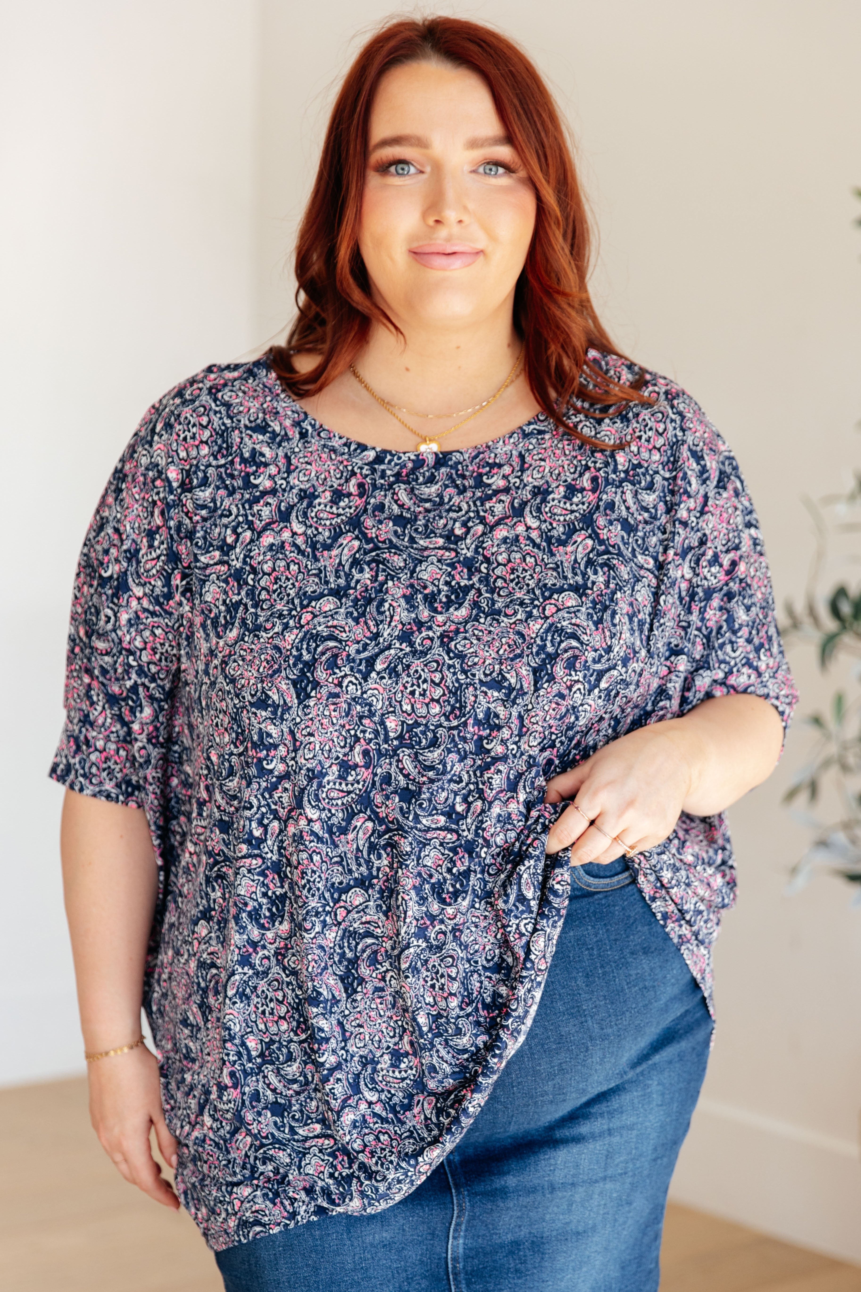Dear Scarlett Navy Paisley Essential Blouse for Women - Flowy Casual Top with Short Sleeves - Perfect for Office, Date Night & Summer Outfits