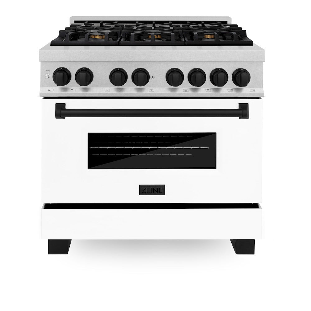 ZLINE Autograph Edition 36-inch Dual Fuel Range - 4.6 cu. ft. Capacity, 6-Burner Gas Cooktop & Electric Convection Oven - Satin Stainless Steel with White Matte Door & Black Accents (RASZ WM 36 MB) - Perfect for Modern Kitchens, Home Chefs & Gourmet Cooking