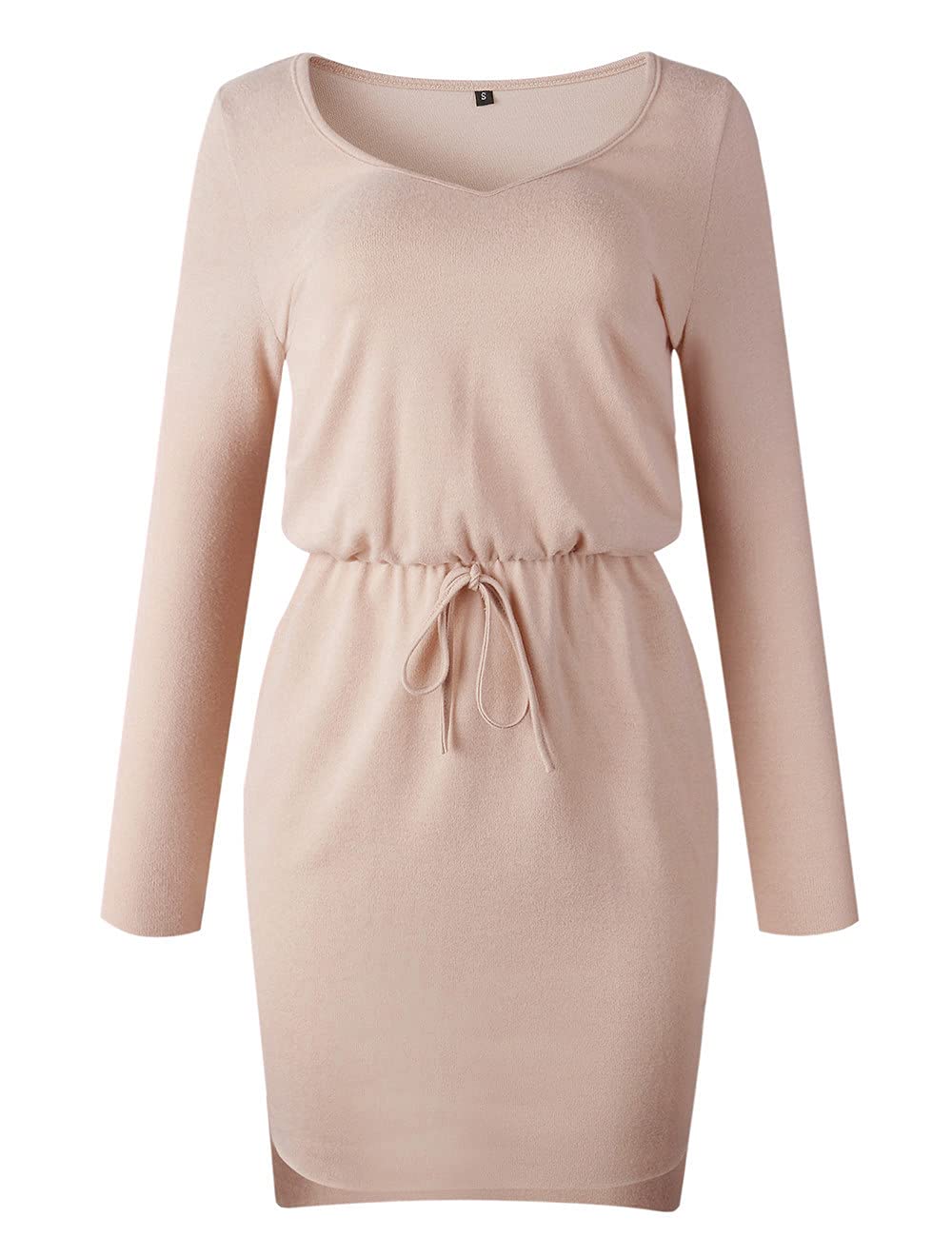 Women's Mini Sweater Dress Long Sleeve V-Neck Knit Pullover with Drawstring Waist - Perfect for Fall, Winter, Date Nights & Casual Outings