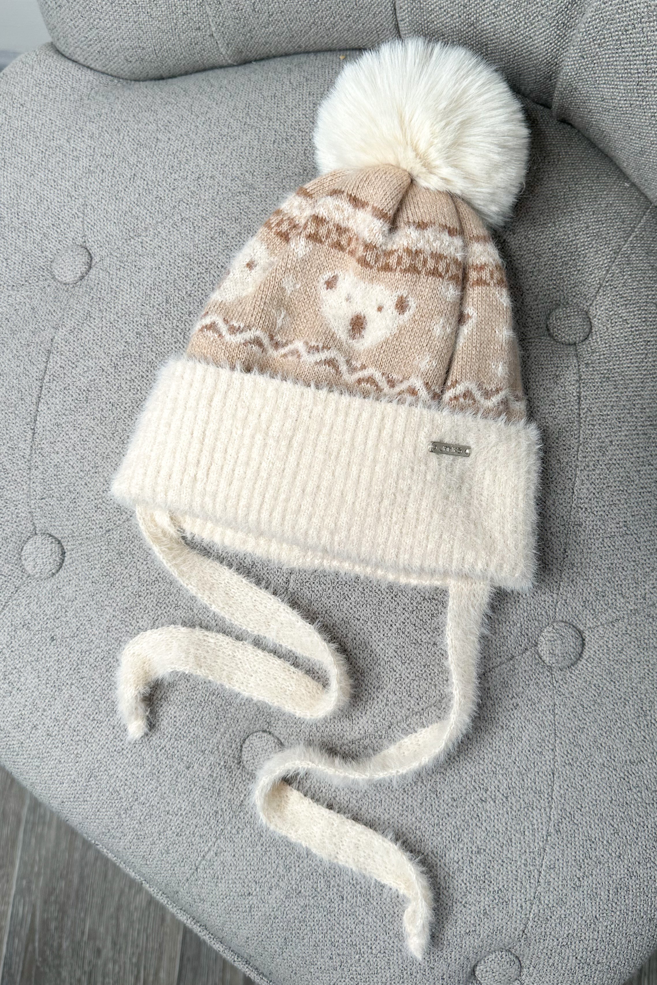 Cozy Beige Teddy Fair Isle Knit Hat with Pom Pom - Winter Warm Fleece Lined Beanie for Women & Men - Perfect for Skiing, Snowboarding & Cold Weather Outdoors