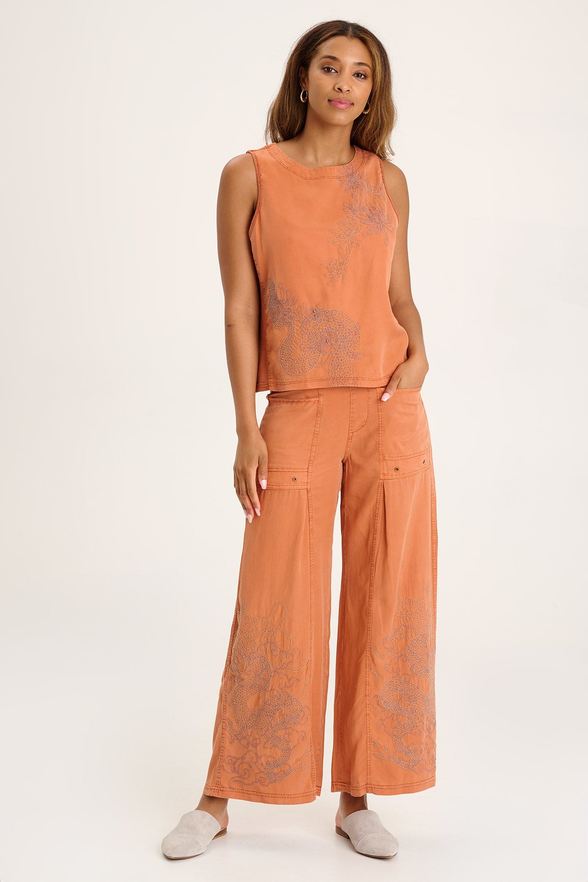Phedora Women's Twill Embroidered Wide Leg Pants - Comfortable High Waisted Lounge Pants for Yoga, Travel & Casual Wear