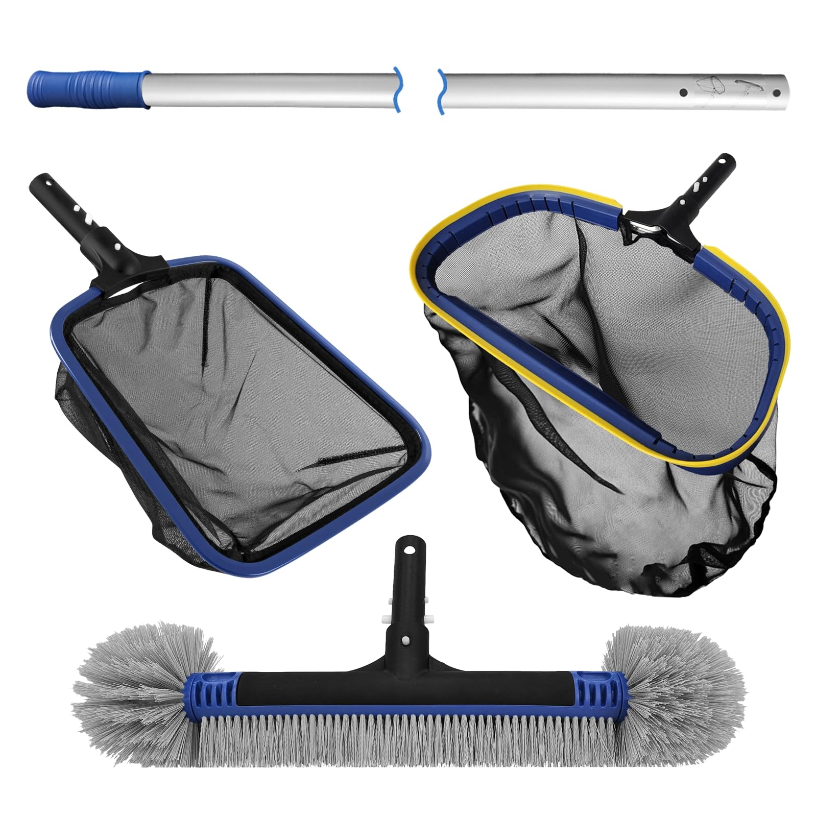 Poolvio 5-in-1 Pool Cleaning Kit - Semi-Deep Skimmer Net, Aluminum Leaf Rake, 20' Brush with 13ft Adjustable Pole - Perfect for Inground & Above Ground Pool Maintenance