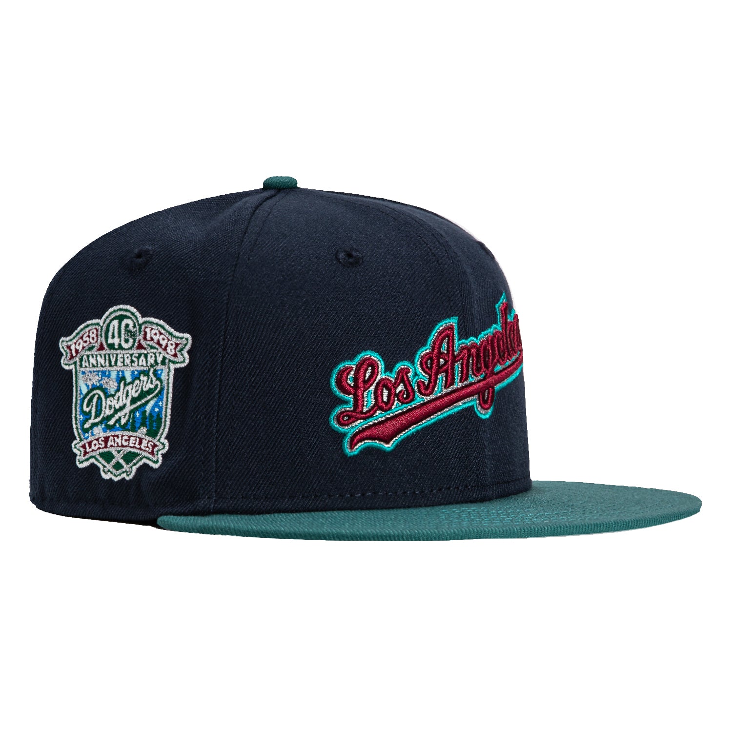New Era 59Fifty Los Angeles Dodgers 40th Anniversary Patch Winter Forest Script Baseball Cap - Navy, Green, Cardinal - Perfect for Baseball Games, Fan Collections & Winter Outdoor Activities
