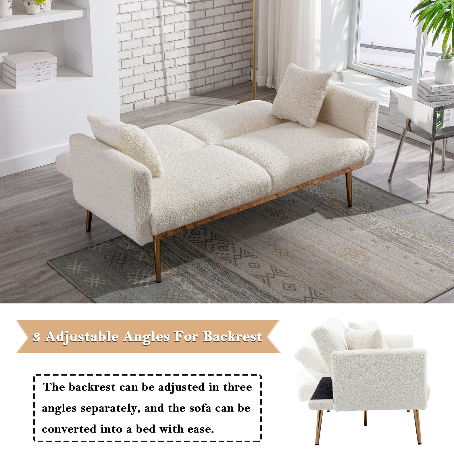 Antetek 3-Position Adjustable Futon Sofa Bed - Modern Upholstered Convertible Loveseat with 5 Metal Tapered Legs & 2 Decorative Pillows, Ivory Teddy Fabric - Perfect for Small Spaces, Guest Rooms & Studio Apartments