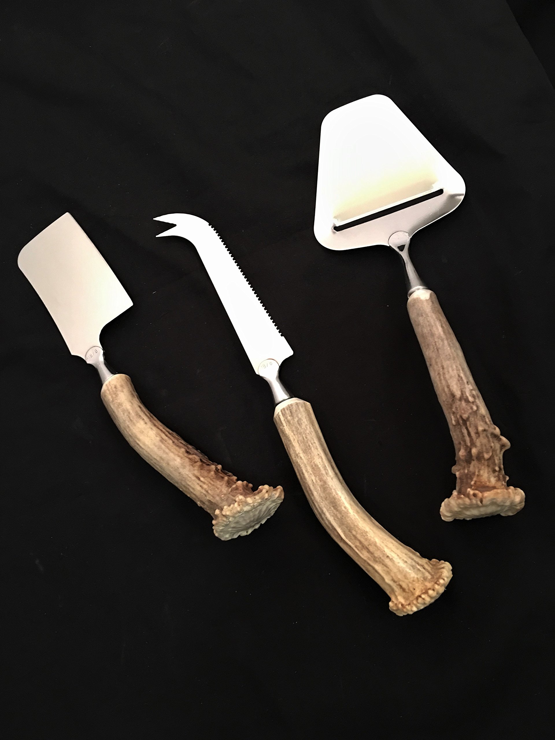 3-Piece Antler Handle Cheese Knife Set - Stainless Steel Blades for Hard Cheeses - Perfect for Charcuterie Boards, Wine Pairings & Gourmet Entertaining