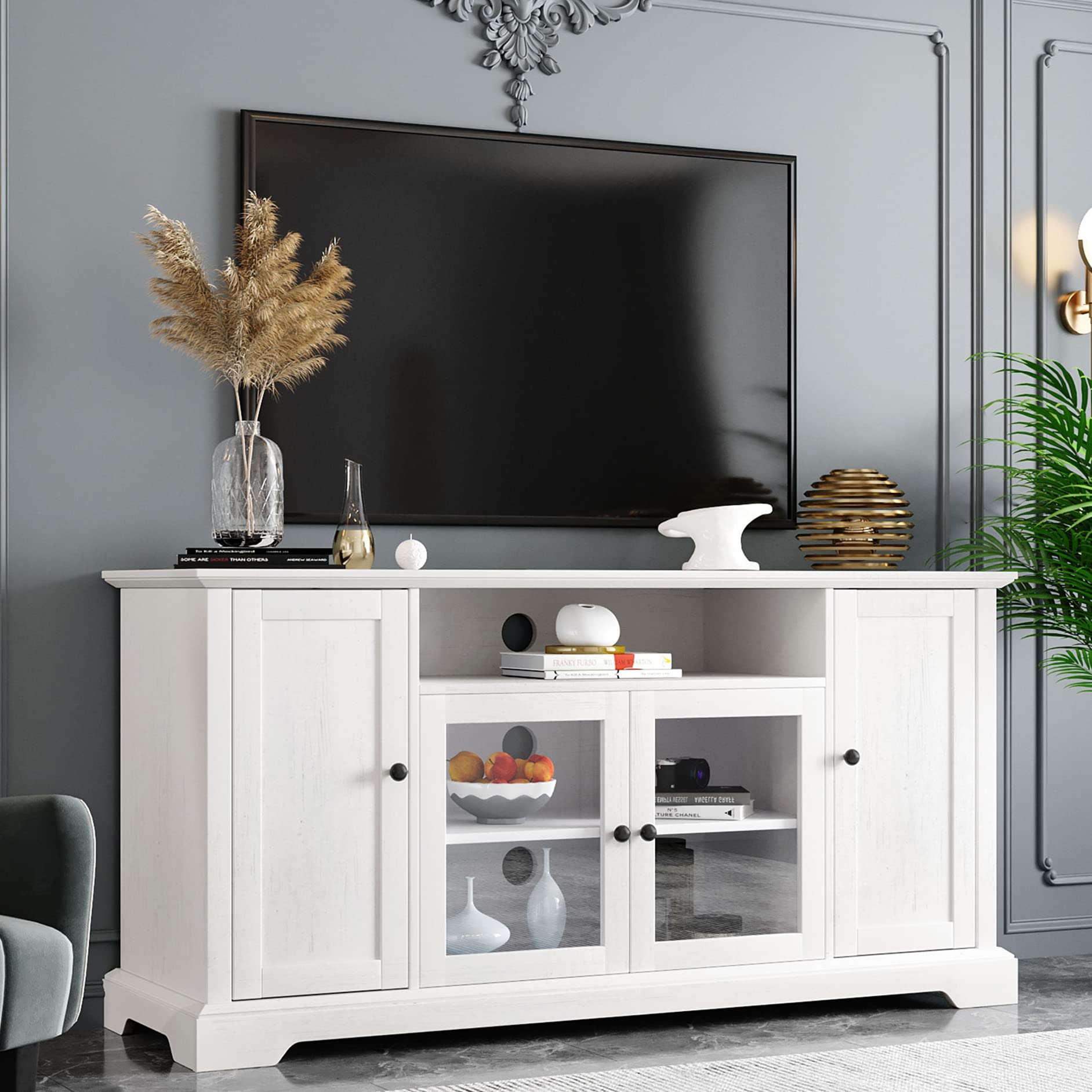 Farmhouse Style 65 Inch TV Stand with Adjustable Shelves & Tempered Glass Doors - 59.8 Inch White Wooden Entertainment Center for Living Room, Bedroom & Home Theater Storage Cabinet