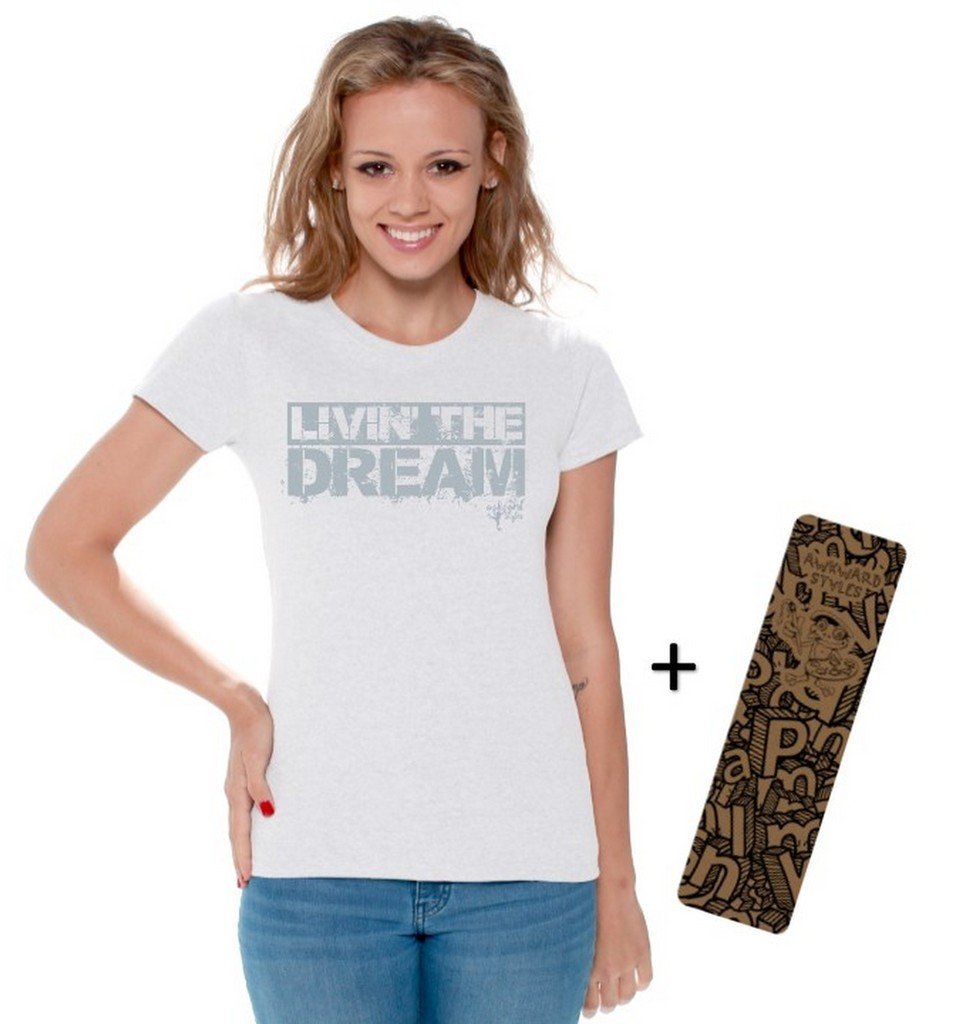 Awkwardstyles Women's Livin' The Dream Graphic T-Shirt - Soft Cotton Gray Slogan Tee with Free Bookmark | Casual Outfit, Gift Idea for Friends