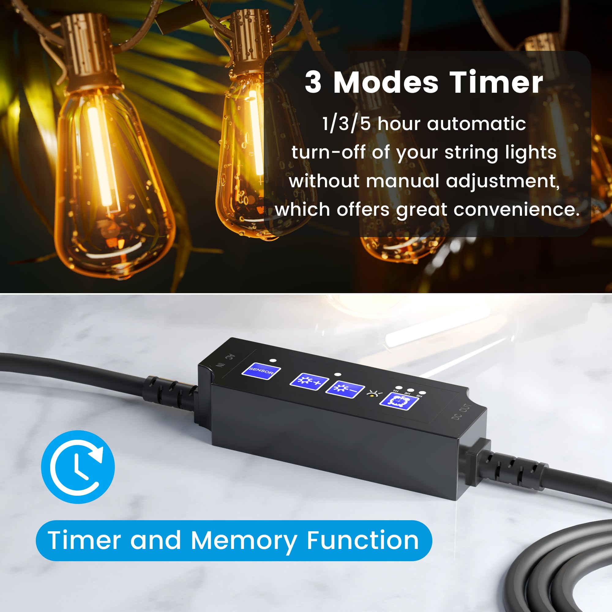 OHLUX 360W Outdoor Smart Dimmer Plug for String Lights - Dusk to Dawn Timer, Weatherproof Patio Light Dimmer Switch with Memory Function | Perfect for Backyard, Garden, Deck & Outdoor Party Lighting