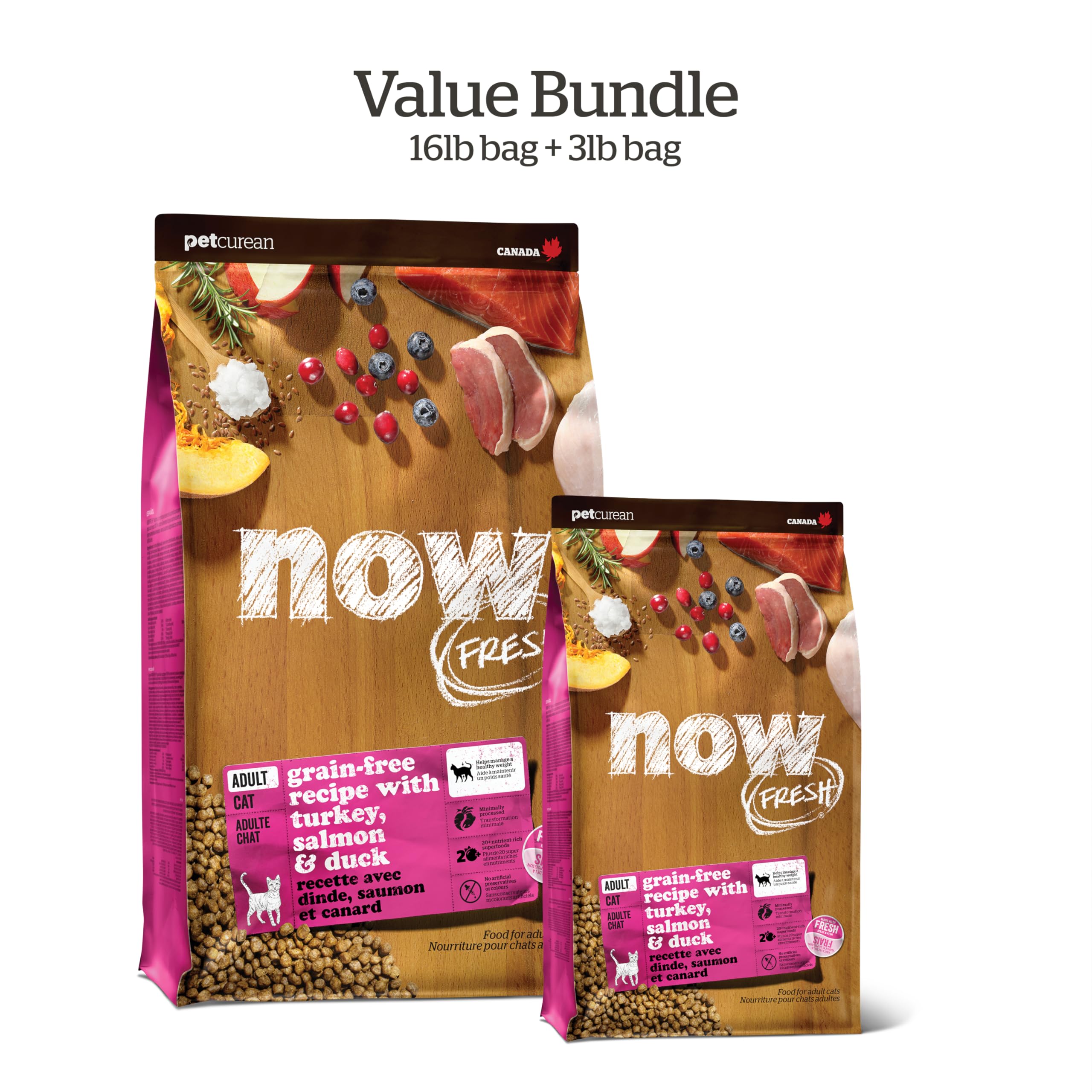 Now Fresh Grain Free Dry Cat Food - Turkey, Salmon & Duck Recipe with Real Meat & Fish - 16lb & 3lb Value Bundle for Adult Cats - Perfect for Indoor & Outdoor Felines