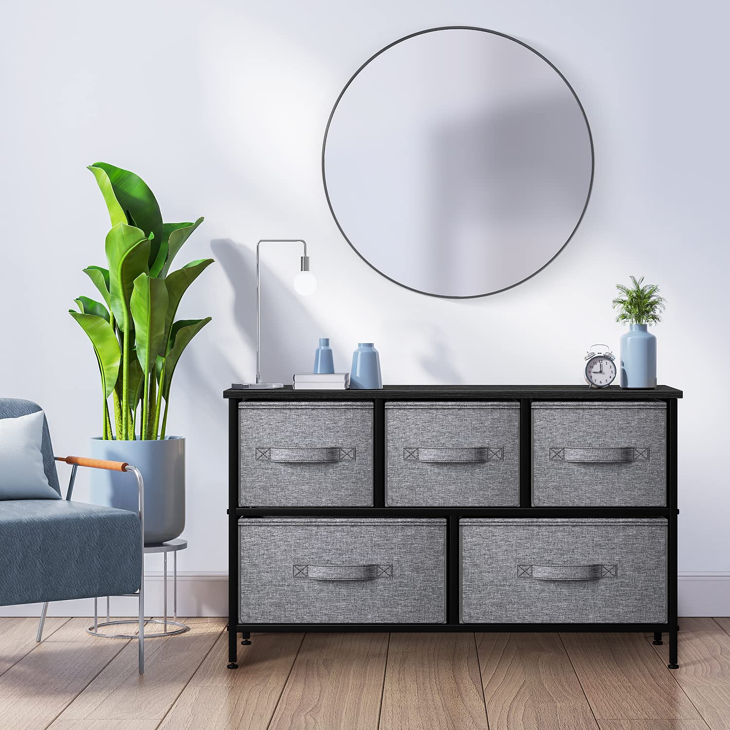 Sorbus 5-Drawer Dresser with Steel Frame & Wood Top - Fabric Bin Storage Organizer for Bedroom, Hallway, Closet & Office - Wide TV Stand Furniture for Home Organization & Space Saving