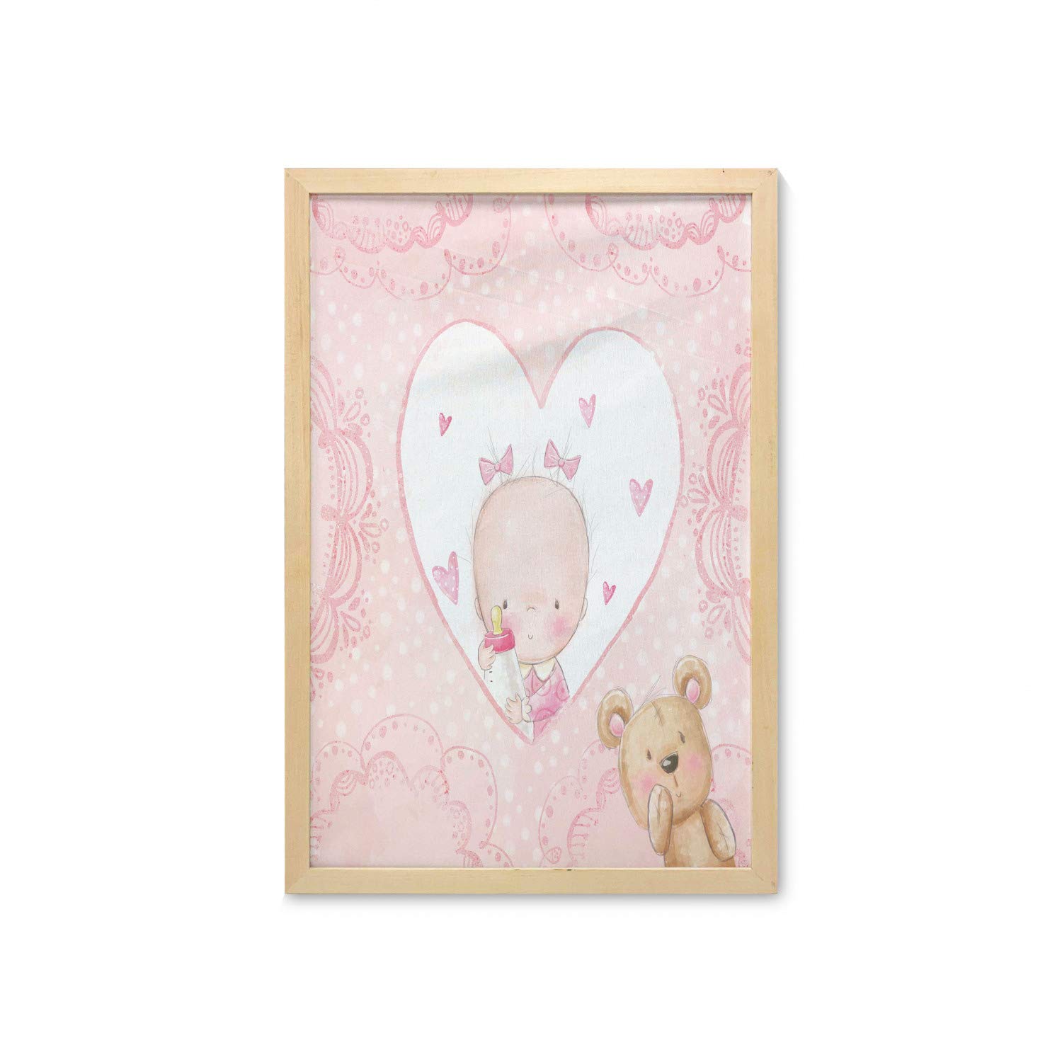 Ambesonne Gender Reveal Wall Art with Frame - Girls Teddy Bear Floral Hearts Polka Dots Print Fabric Poster for Baby Shower Nursery Decor, 23x35 Inches, Sand Brown & Pale Pink - Perfect for Living Room, Bathroom, Dorm or Kids Bedroom Wall Decor