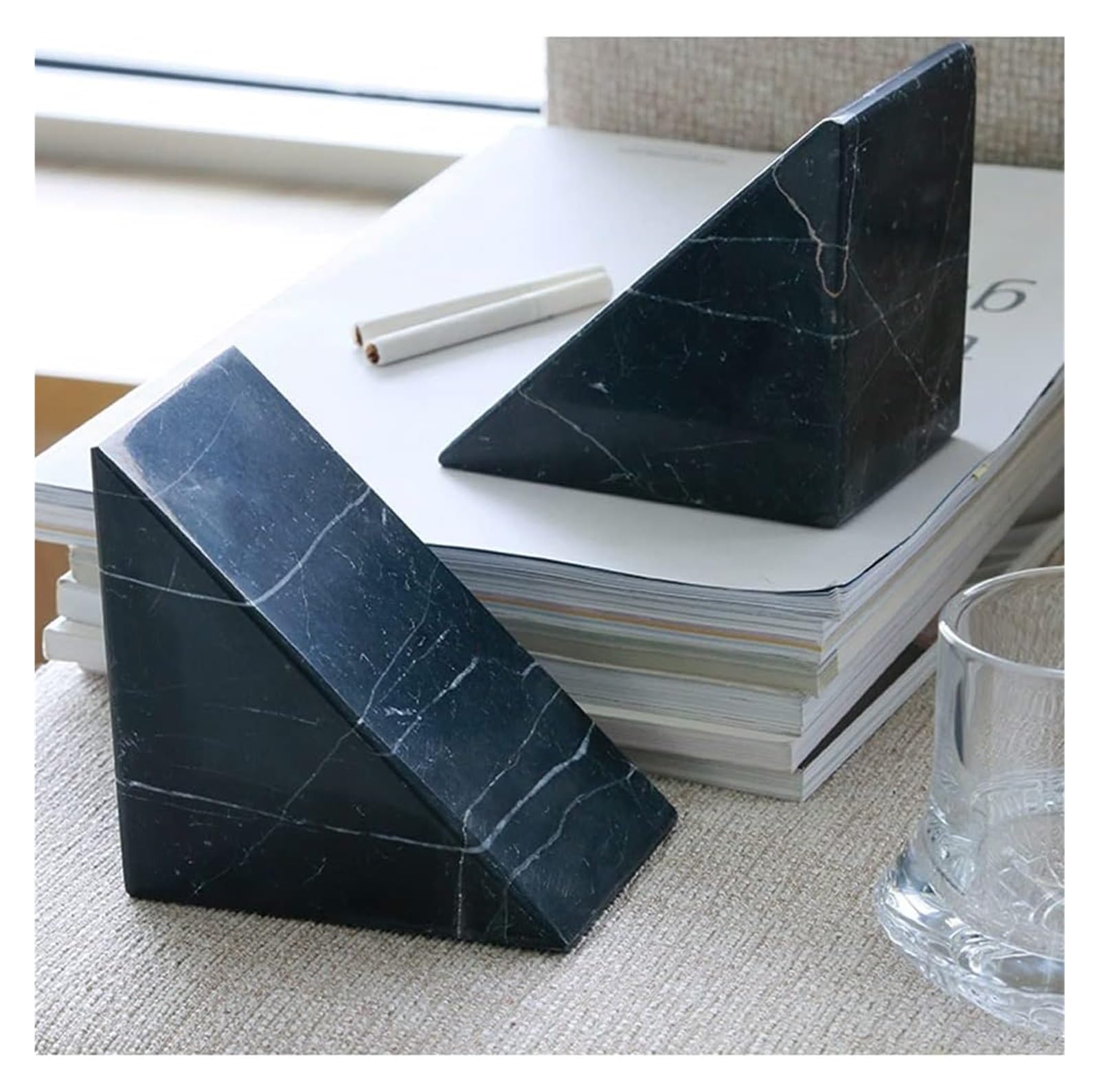 Black Marble Geometric Bookends for Office & Home - Heavy Duty Book Holder for Shelves, Desks & Learning Spaces - Stylish Decorative Book Supports for Bookshelves & Workspaces