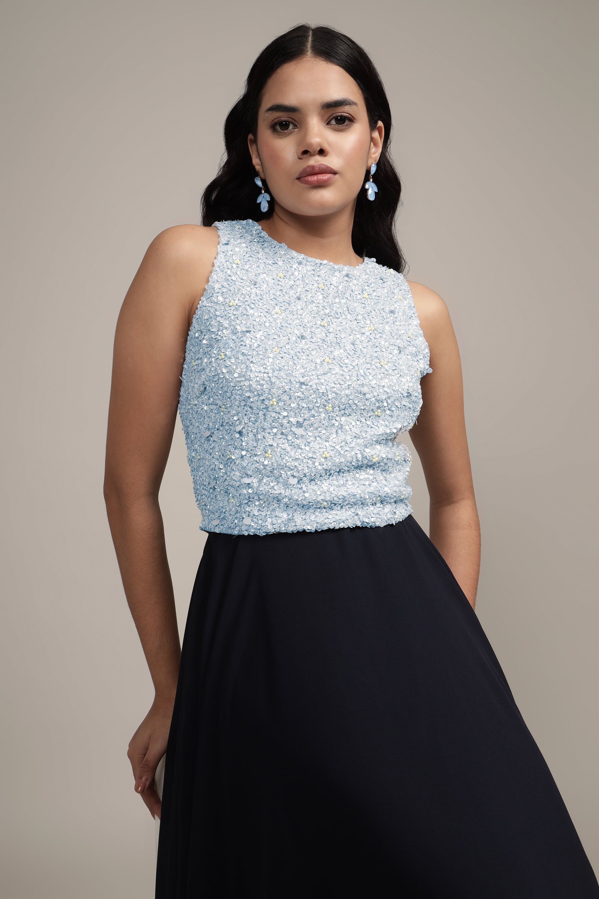 Light Blue Embellished Picasso Top for Women | Elegant Blouse for Casual Wear, Office & Special Occasions