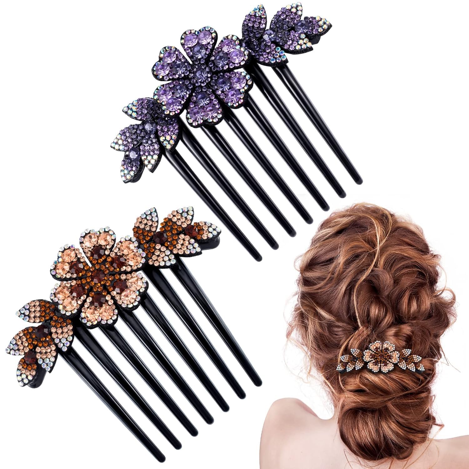 2pcs Vintage Rhinestone Flower Hair Side Combs - Bridal Headpieces, Hair Pins & Clips for Women & Girls - Perfect for Weddings, Prom, Parties & Daily Use