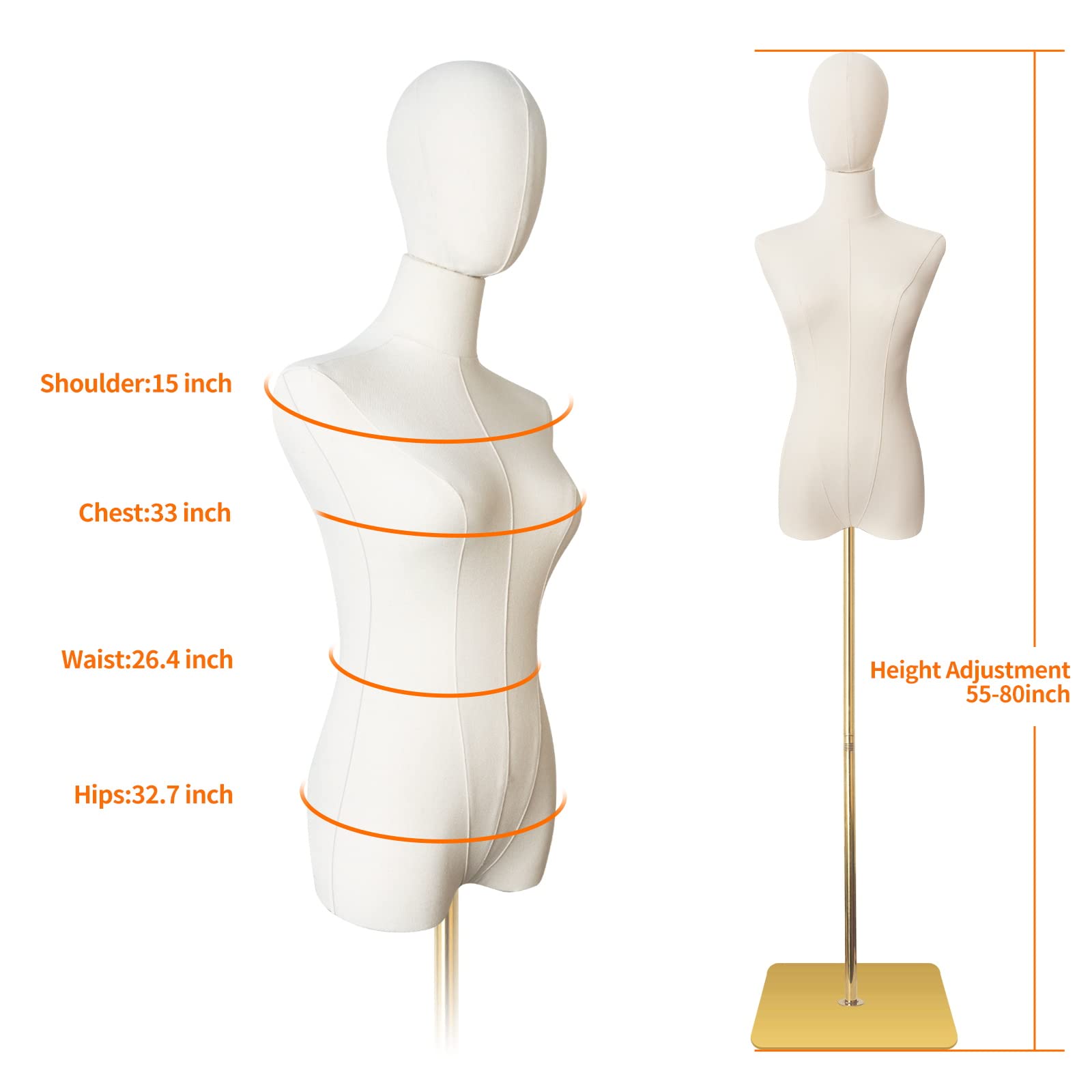 Professional Female Mannequin Torso with Detachable Head & Gold Metal Stand - Adjustable Dress Form for Sewing, Clothing Display & Jewelry Showcase - Perfect for Tailors, Fashion Designers & Boutique Visual Merchandising